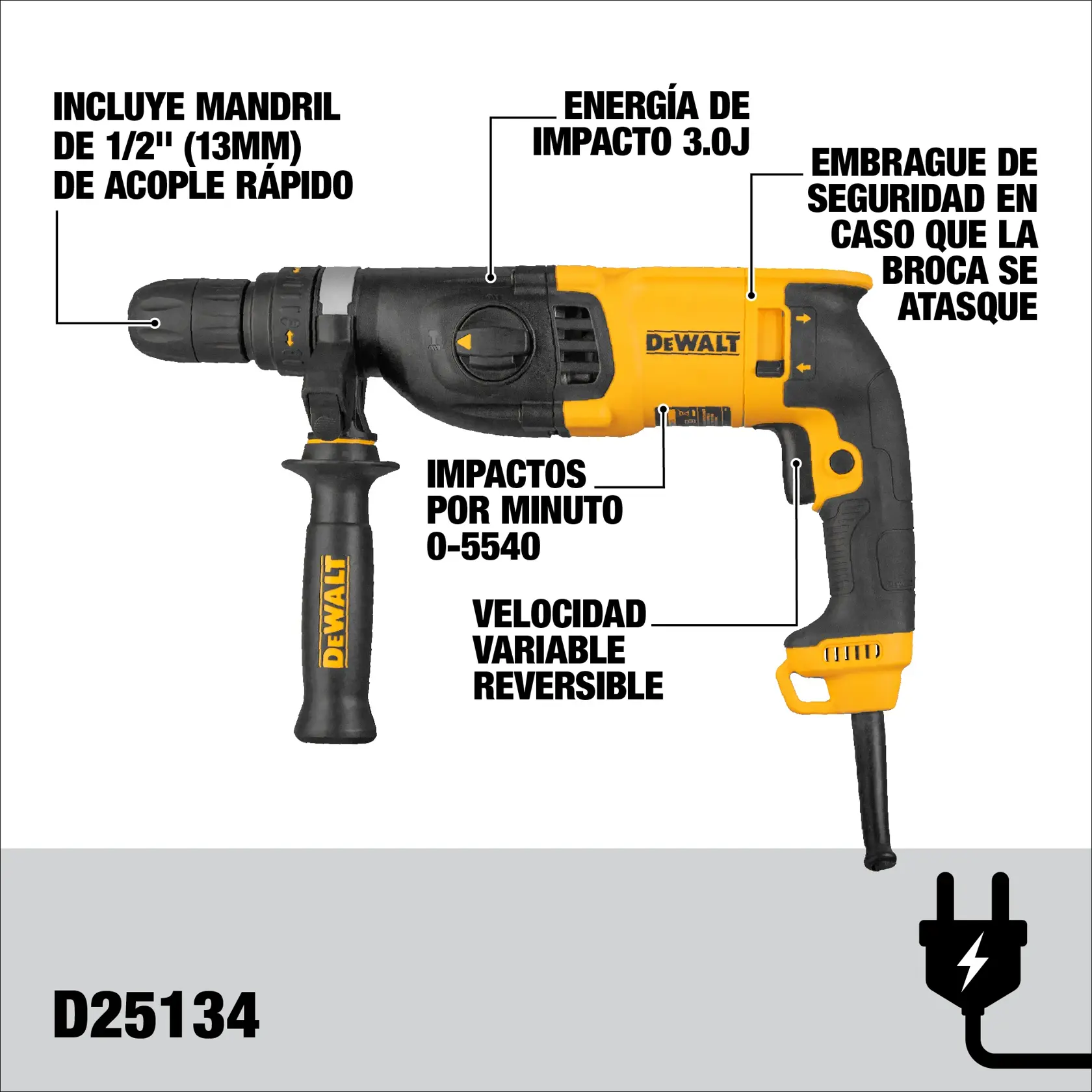 Imagen de un taladro eléctrico percutor DEWALT D25134K. El taladro es de color amarillo y negro con una empuñadura lateral con la marca DEWALT. Las características resaltadas en el texto incluyen: mandril de cambio rápido de 1/2 pulgada (13mm), energía de impacto de 3.0J, embrague de seguridad en caso de que la broca se atasque, 0-5540 impactos por minuto y velocidad variable reversible.