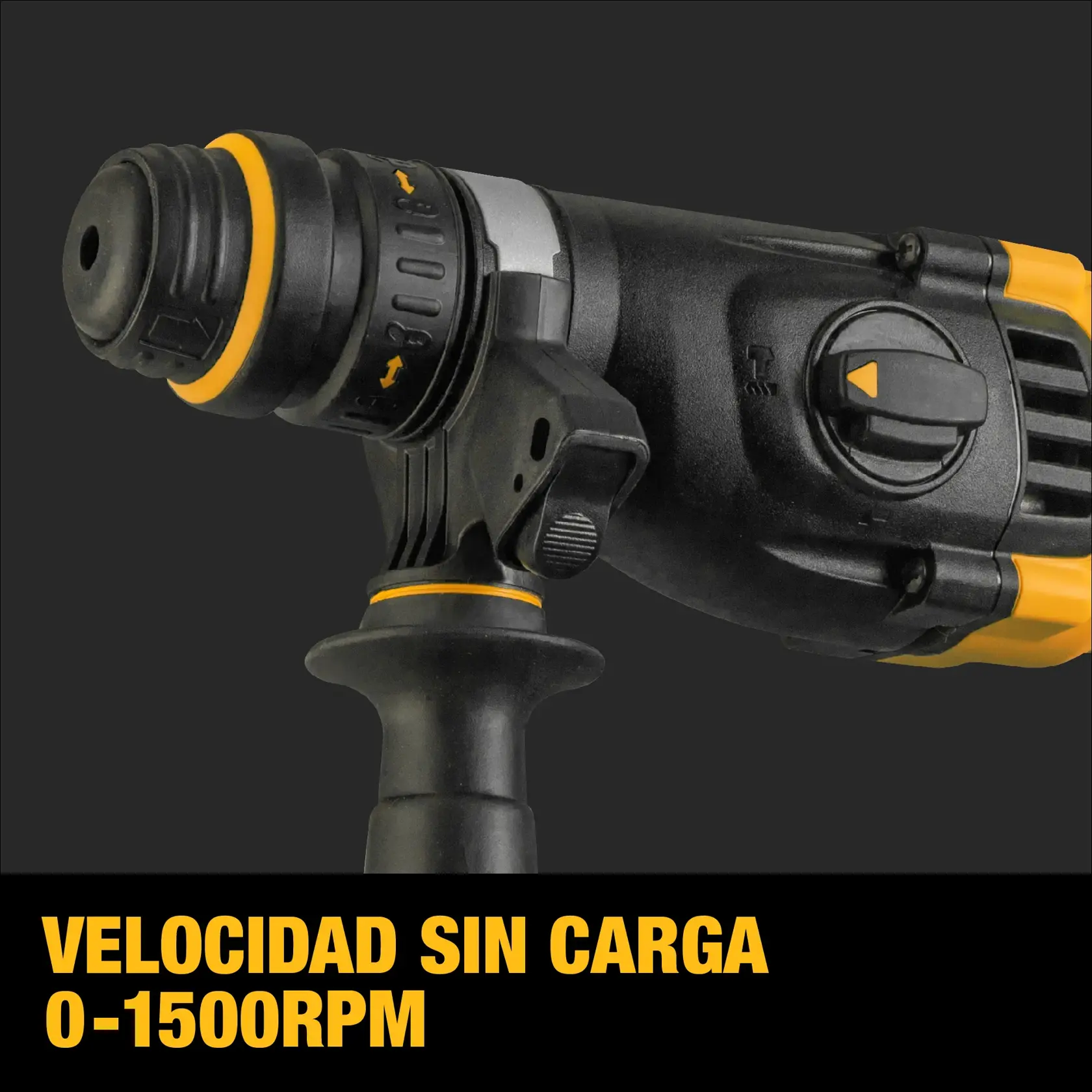 Imagen en primer plano de un martillo rotatorio DEWALT, mostrando el mango lateral y los controles de ajuste. El texto debajo indica 'Velocidad sin carga 0-1500RPM'.
