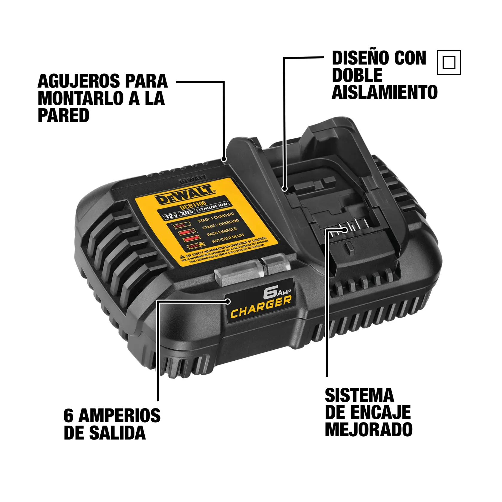 Cargador de batería DEWALT DCB1106 con agujeros para montar en la pared, diseño de doble aislamiento, salida de 6 amperios y sistema de encaje mejorado. El cargador es negro con una etiqueta amarilla DEWALT y características resaltadas.