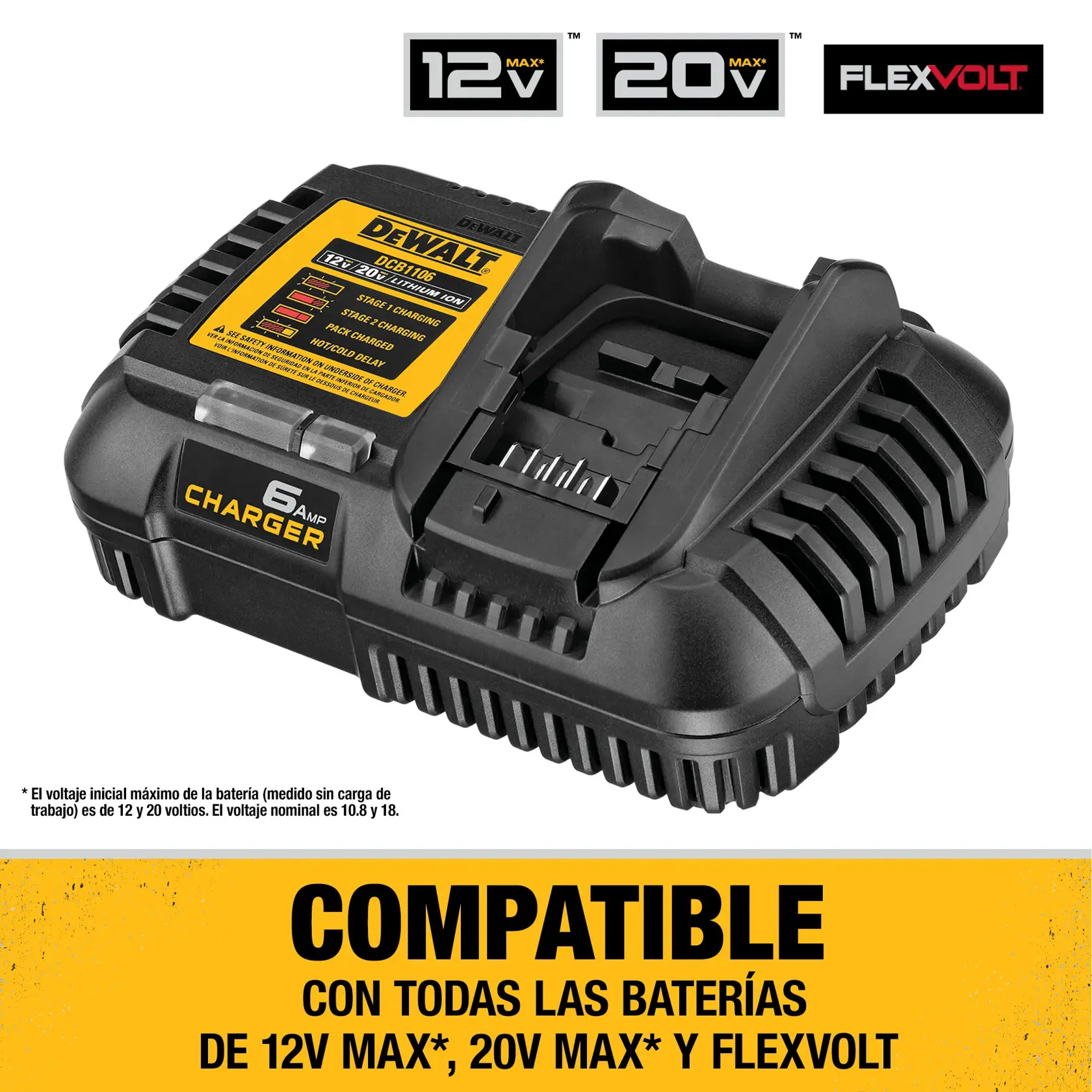 Cargador de batería DEWALT DCB1106, modelo de 6 amperios, mostrado en color negro con etiquetas amarillas. Compatible con baterías 12V MAX, 20V MAX y FLEXVOLT. El texto promocional destaca la compatibilidad y la información de voltaje.