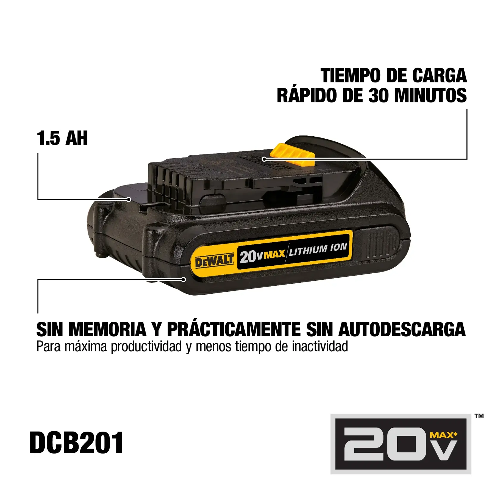 Batería DEWALT DCB201 20V Max de ion de litio con capacidad de 1.5 Ah, tiempo de carga rápido de 30 minutos, sin efecto memoria y prácticamente sin autodescarga para máxima productividad y menos tiempo de inactividad. La batería es negra con etiquetas en amarillo y blanco.