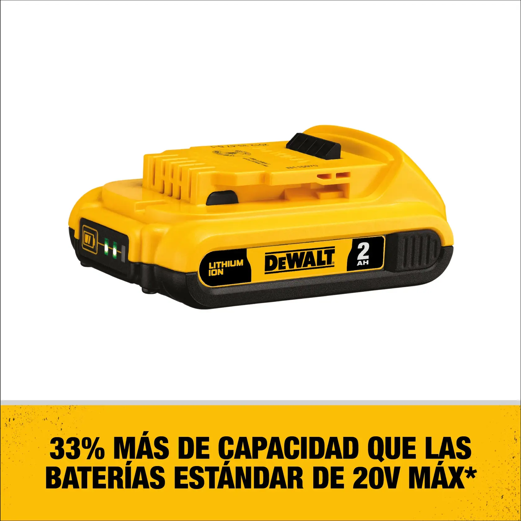 Una batería de ion de litio DEWALT 20V MAX, modelo DCB203, con capacidad de 2 Ah. La batería es amarilla con negro y tiene luces indicadoras. Debajo de la batería, hay una franja amarilla con texto negro que dice: '33% más de capacidad que las baterías estándar de 20V MAX.'