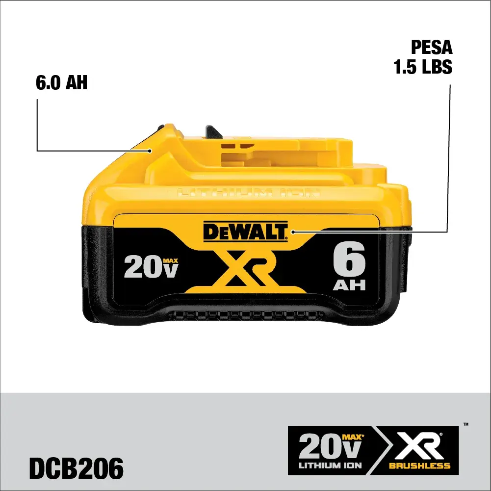 Batería de ion de litio DEWALT 20V XR modelo DCB206 con capacidad de 6 amperios-hora, diseño amarillo y negro, pesa 1,5 libras.
