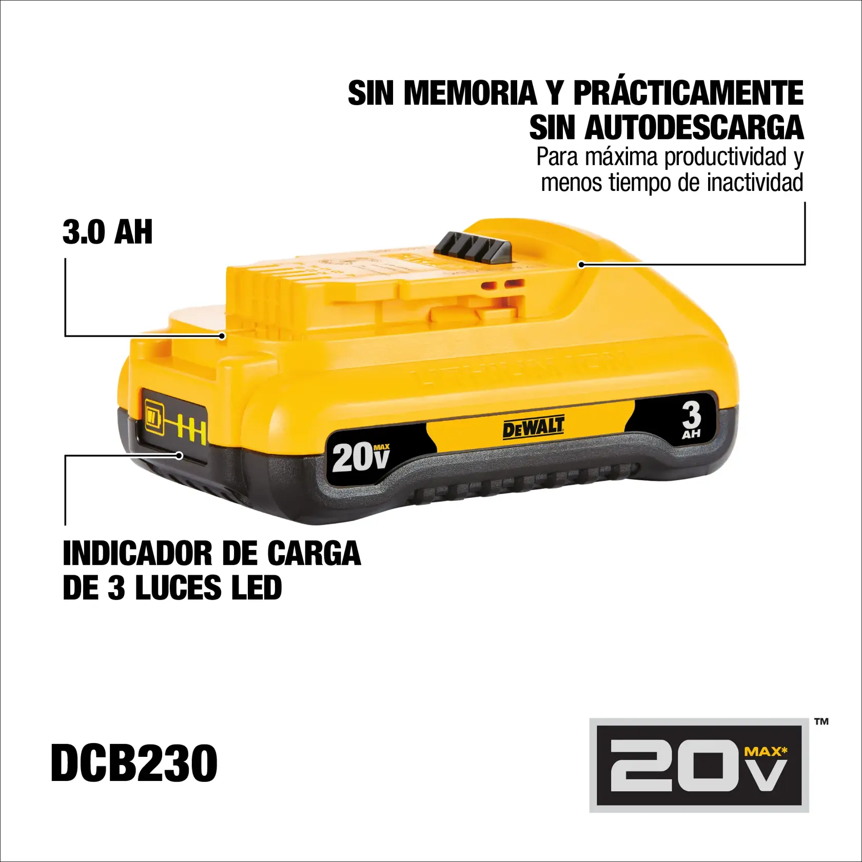 Imagen de una batería de ion de litio DEWALT DCB230-2 20V Max con capacidad de 3,0 Ah. La batería tiene indicador de carga de 3 luces LED y ofrece ausencia de memoria y prácticamente sin autodescarga para máxima productividad y menos tiempo de inactividad.