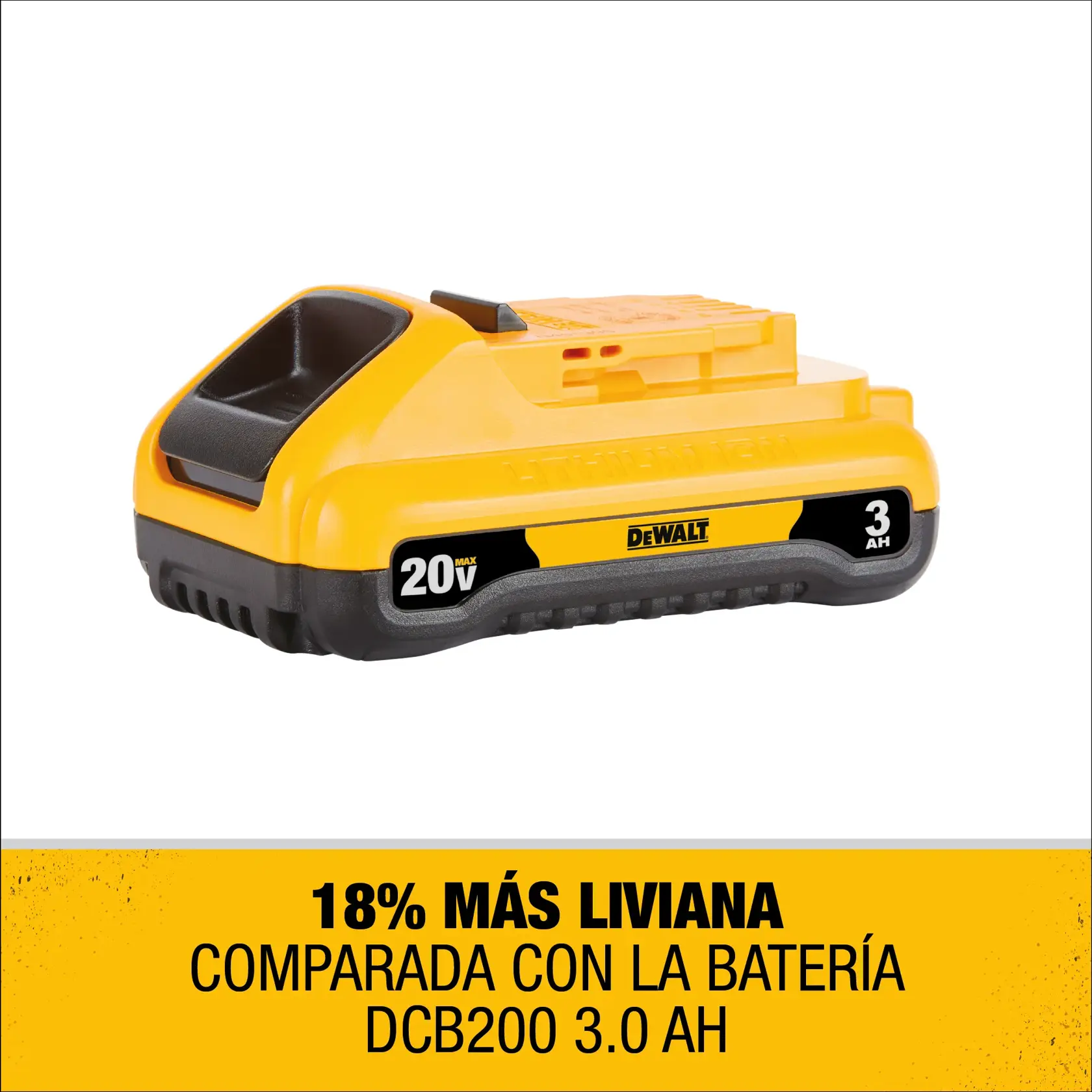 Batería DEWALT DCB230 20V 3Ah, 18% más ligera que DCB200 3.0Ah. Batería de litio negra y amarilla.