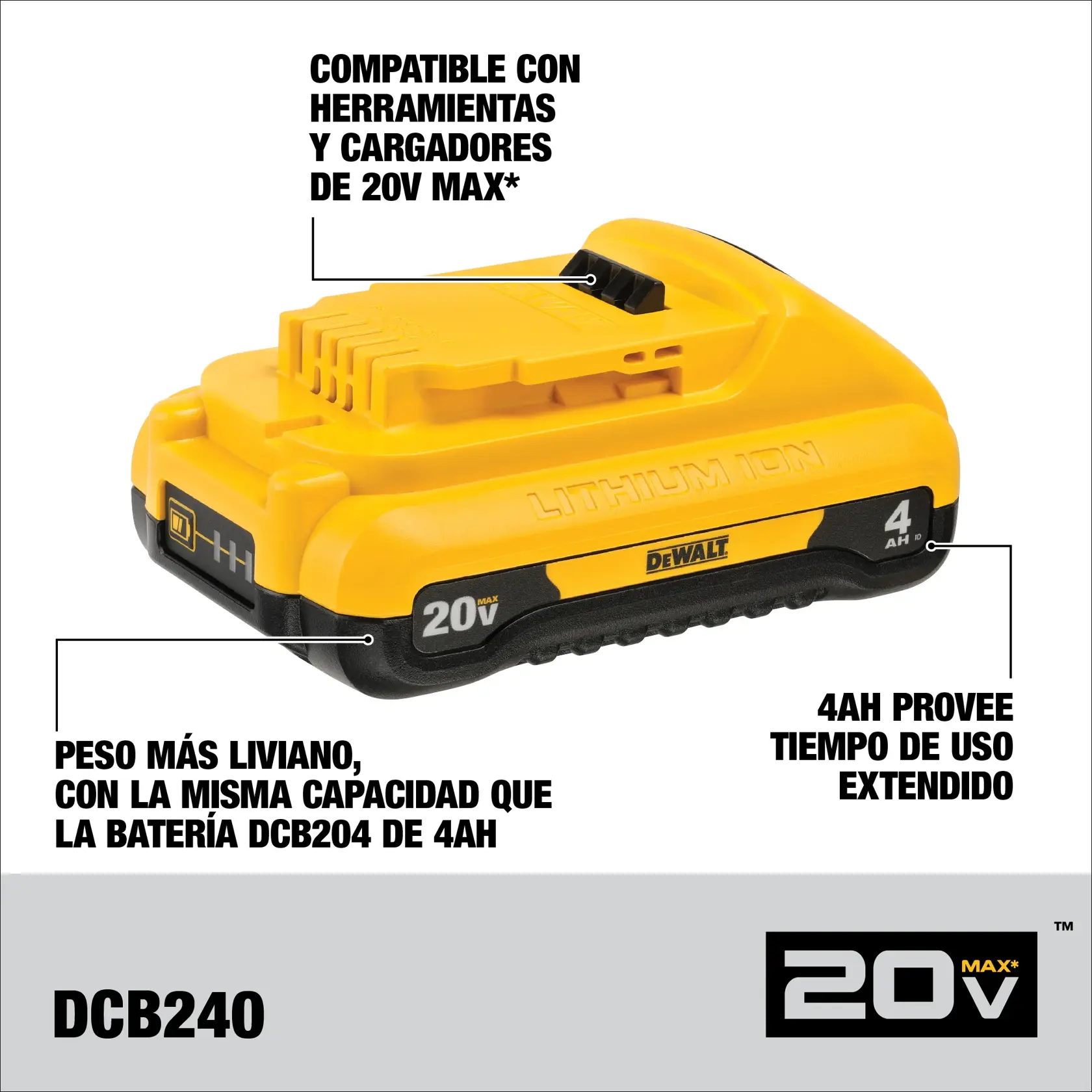 Imagen de una batería de ion de litio DEWALT DCB240 20V MAX. La batería es amarilla y negra, tiene capacidad de 4Ah y es compatible con herramientas y cargadores de 20V MAX. El texto destaca su peso más liviano con la misma capacidad que la batería DCB204 de 4Ah y proporciona tiempo de uso extendido.