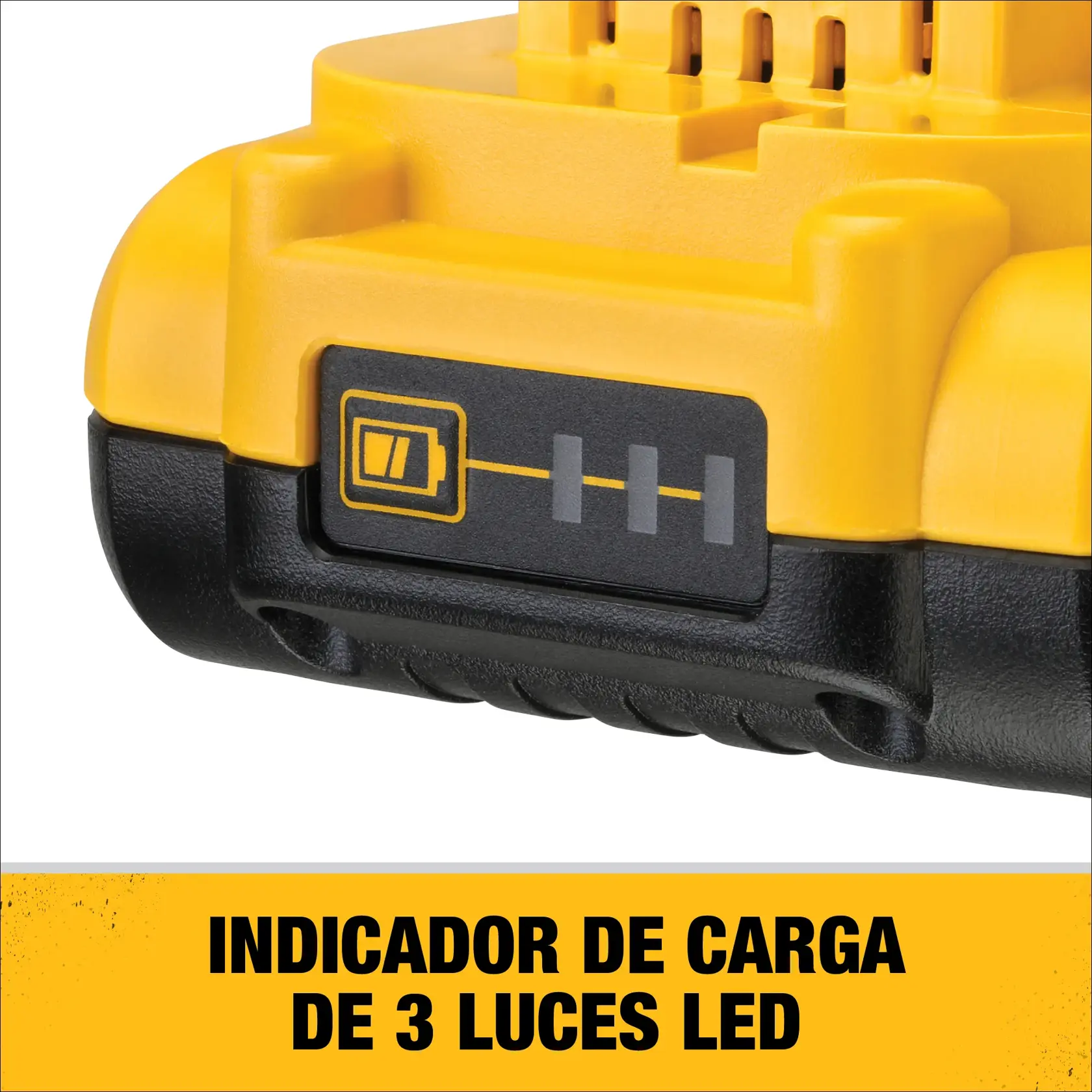 Primer plano de un paquete de batería DEWALT mostrando un indicador de carga de tres luces LED en el dispositivo. El texto debajo dice: 'Indicador de carga de 3 luces LED'.