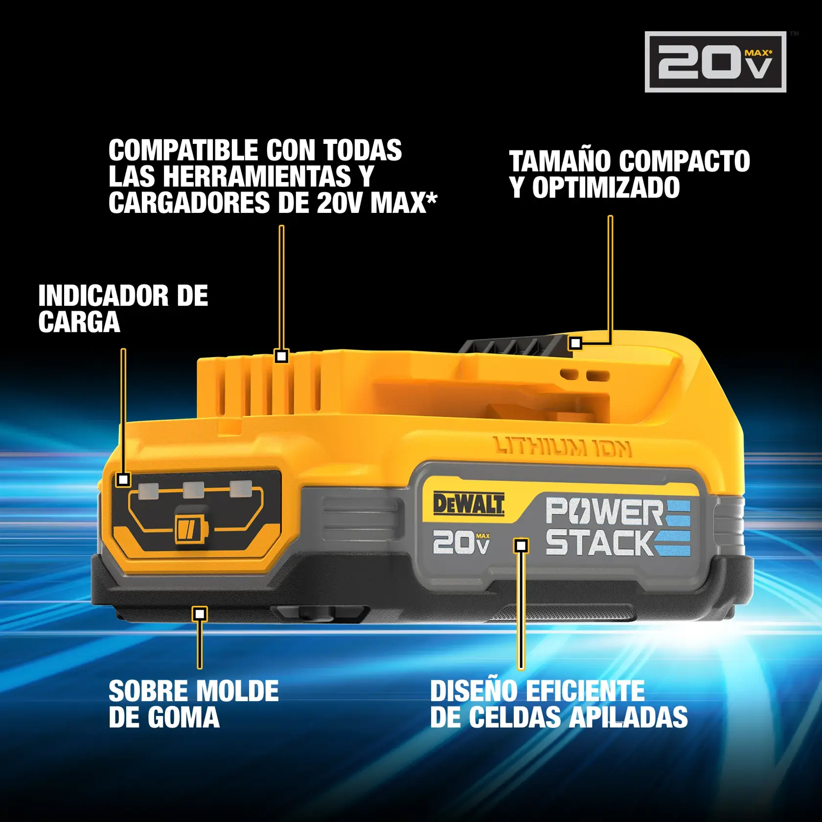 Imagen de una batería de litio DEWALT 20V MAX Power Stack modelo DCBP034, con características destacadas como indicador de carga, sobre molde de goma, compatibilidad con todas las herramientas y cargadores 20V MAX, tamaño compacto y optimizado, y diseño eficiente de celdas apiladas.