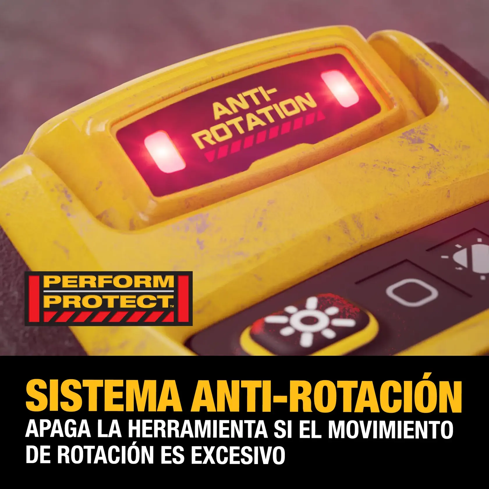 Sistema antirrotación DEWALT en DCD1007B-B3, DCD1007B; apaga si hay rotación excesiva. Gráfico Perform Protect.