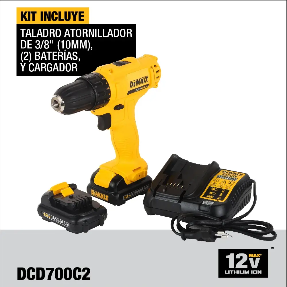 Imagen que muestra un kit DEWALT DCD700C2, que incluye un taladro atornillador inalámbrico amarillo y negro, dos baterías y un cargador. El taladro es de 3/8 pulgadas (10 mm) y funciona con una batería de 12V de ion de litio.