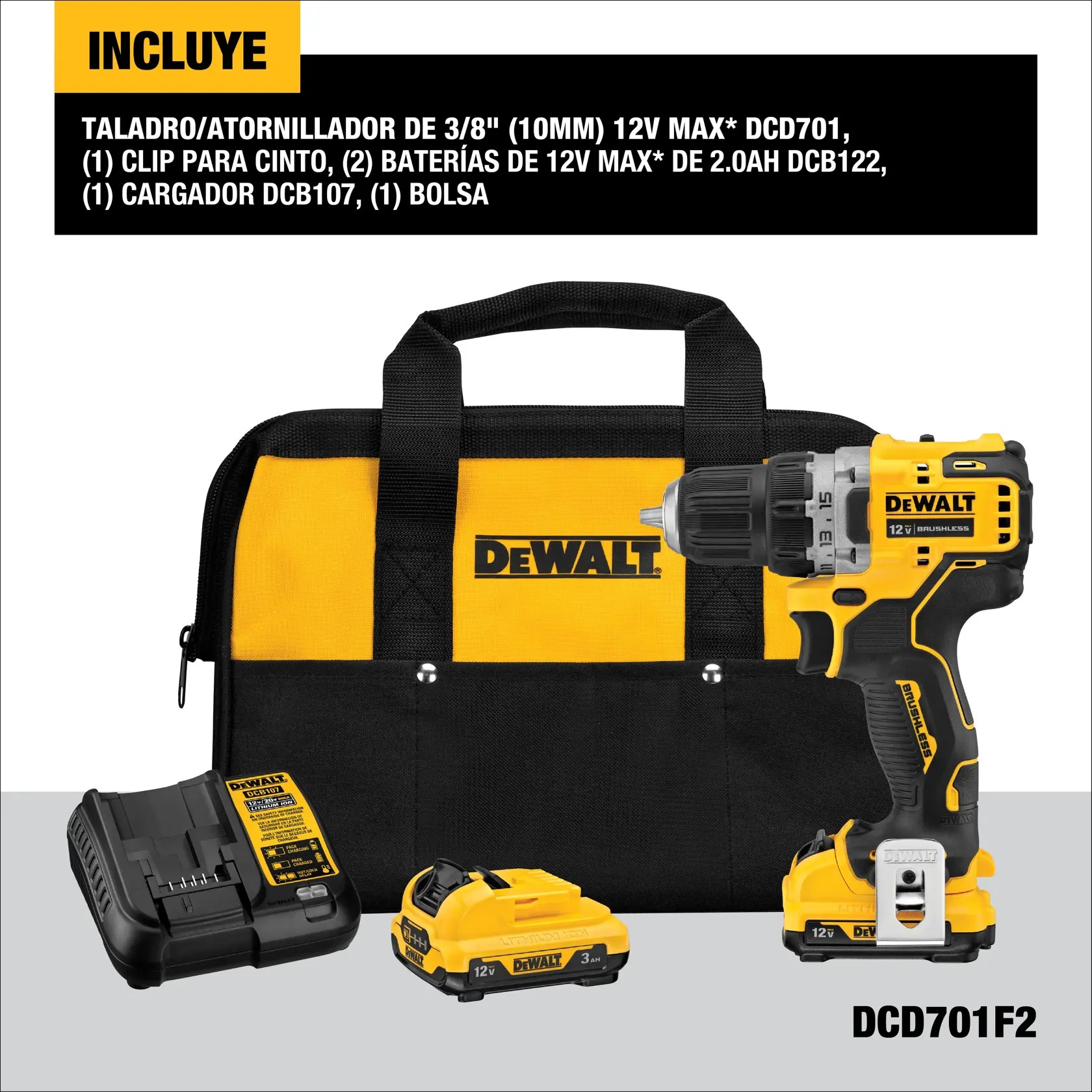 Kit DEWALT DCD701F2 que incluye un taladro/atornillador inalámbrico amarillo y negro, dos baterías 12V MAX, cargador, clip para cinturón y una bolsa de transporte negra y amarilla con el logotipo DEWALT. Los productos están dispuestos sobre una superficie clara y los detalles aparecen en la parte superior.