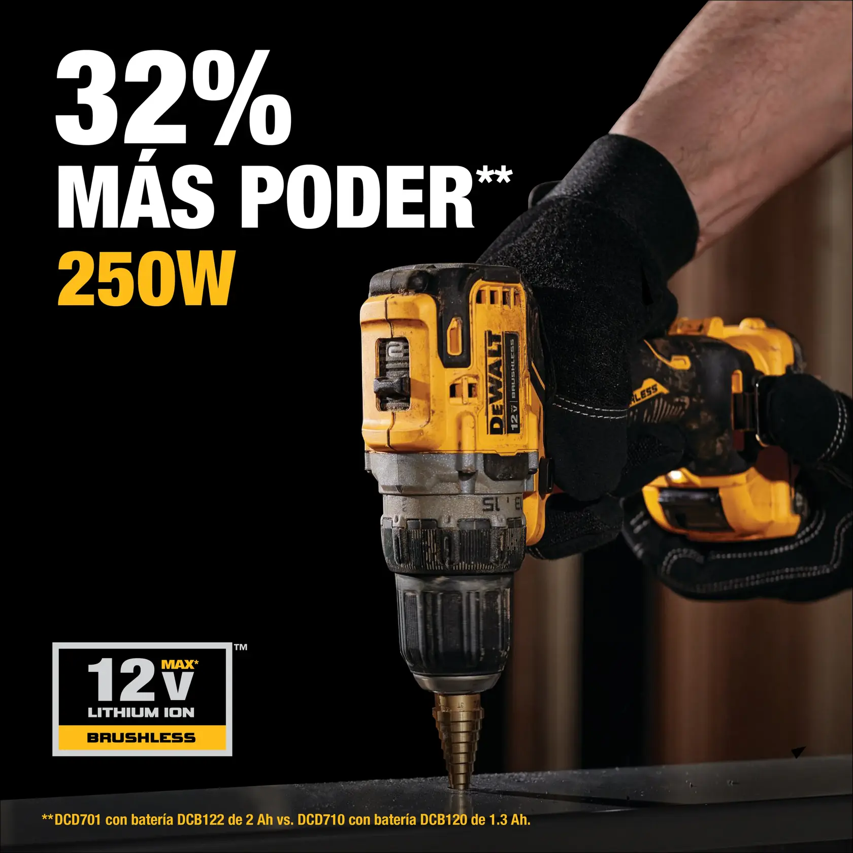 Imagen promocional de un taladro eléctrico DEWALT 12V Max Brushless de ion de litio, mostrando a una persona con guantes negros usando el taladro. El texto resalta '32% más poder' y '250W'. Se proporciona información técnica en la parte inferior comparando el rendimiento de las baterías.