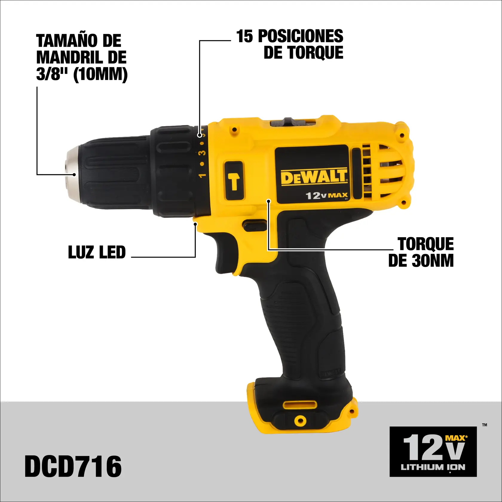 Imagen de un taladro inalámbrico DEWALT DCD716D2 con características destacadas como tamaño de mandril de 3/8 pulgadas (10 mm), luz LED, 15 posiciones de torque y torque de 30Nm. El taladro es de color amarillo y negro y funciona con una batería de ion de litio de 12V.