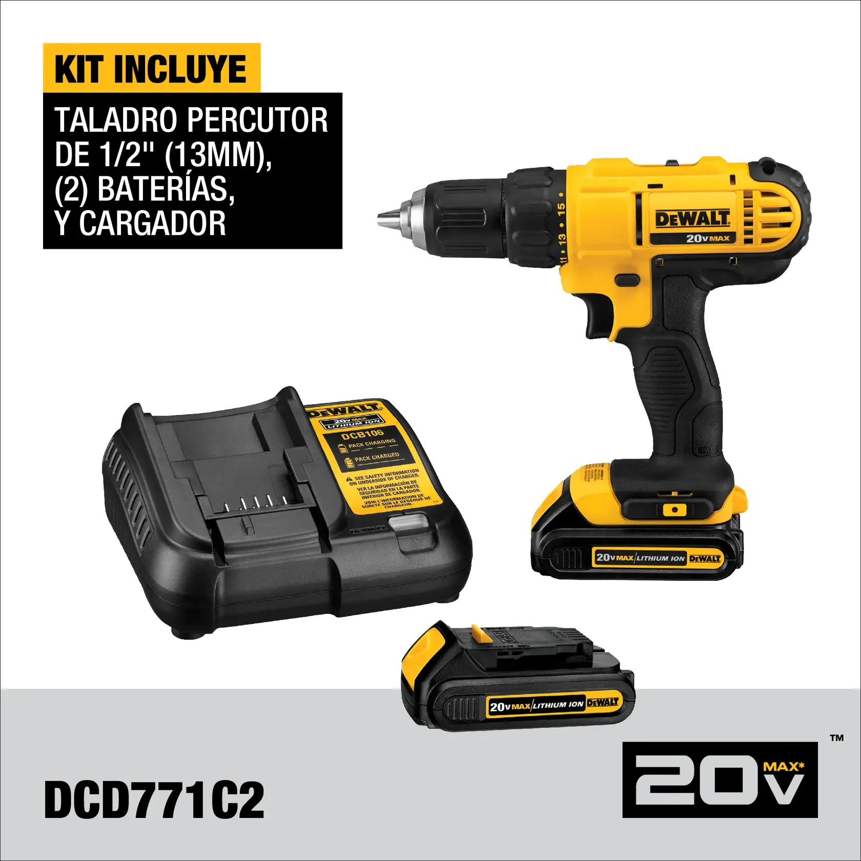 Kit de taladro inalámbrico DEWALT DCD771C2 mostrado con un taladro amarillo y negro de 20V, dos baterías de ion de litio y un cargador. El texto indica que el kit incluye un taladro percutor de 13 mm (1/2"), dos baterías y cargador.