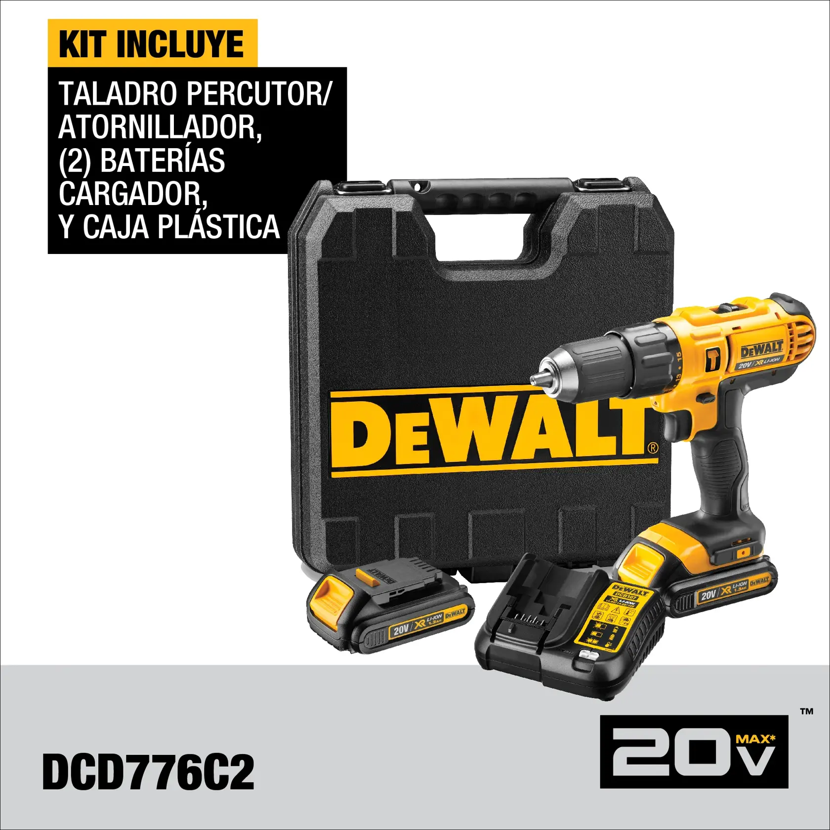 Kit DEWALT DCD776C2 20V Max que incluye un taladro percutor/atornillador, dos baterías, un cargador y una caja plástica rígida. Los artículos muestran el logotipo de DEWALT y la información del producto.