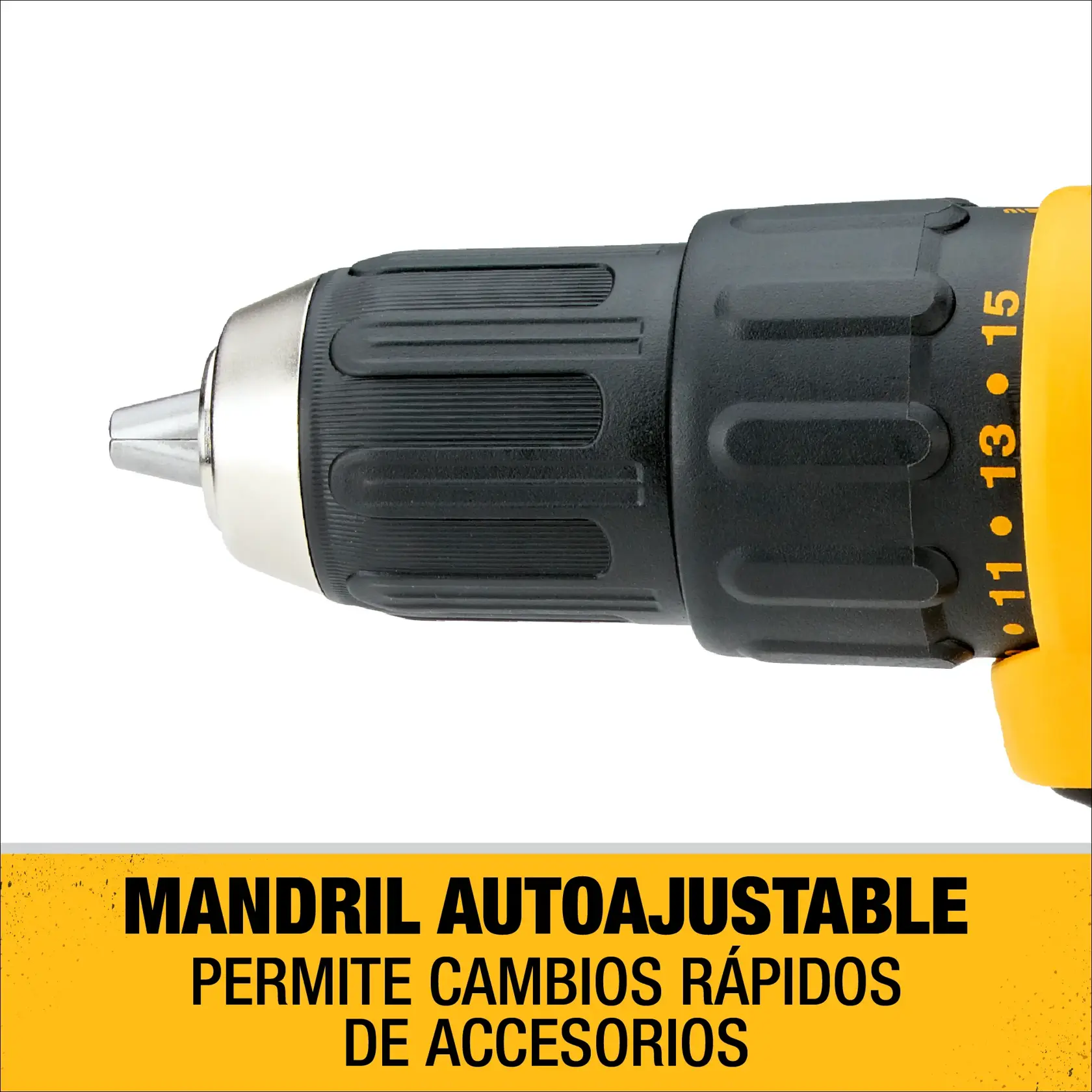 Vista de primer plano de un taladro DEWALT con mandril autoajustable. La imagen muestra texto que destaca que el mandril permite cambios rápidos de accesorios.