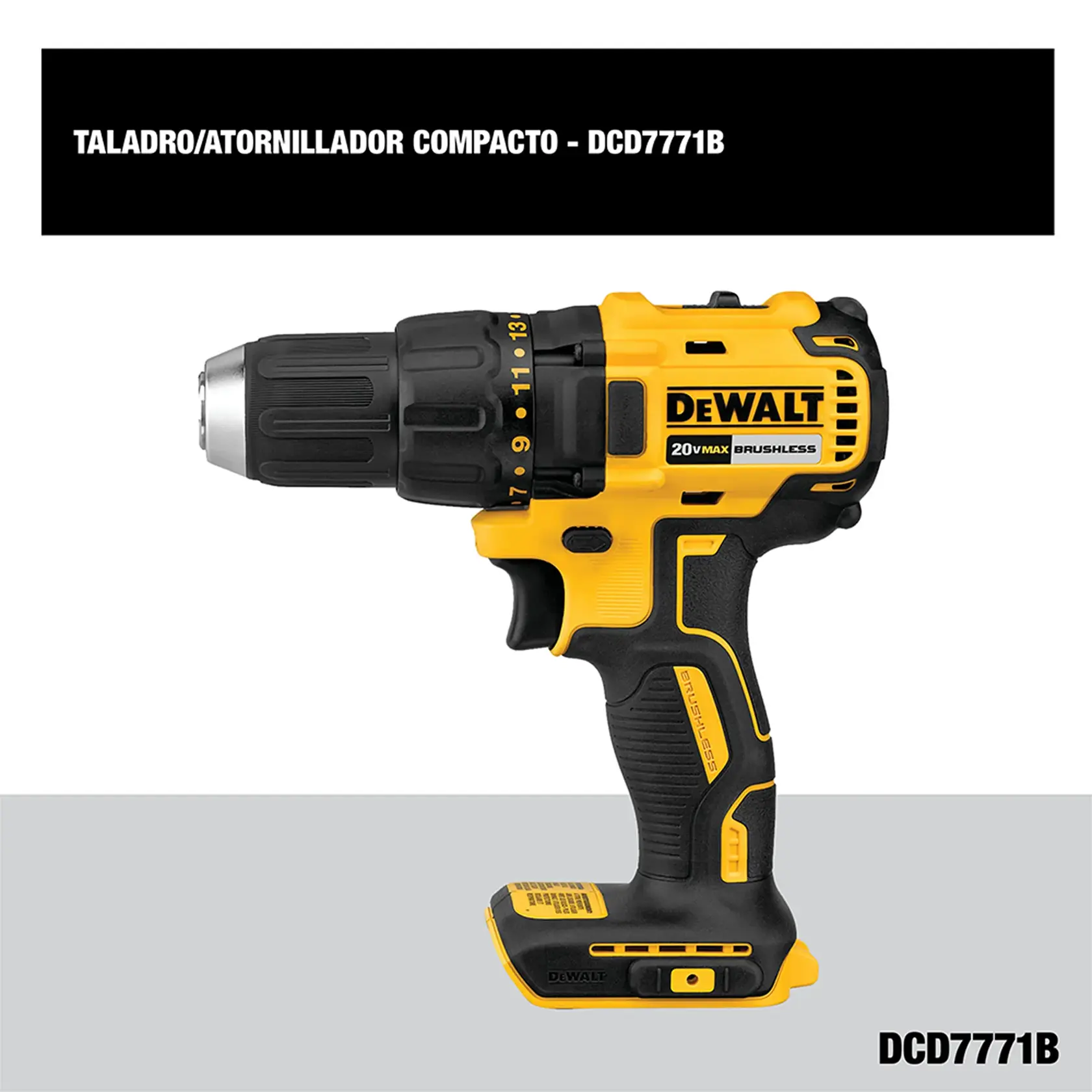 Taladro/atornillador compacto inalámbrico DEWALT amarillo y negro, modelo DCD7771B, mostrado de perfil. La herramienta tiene controles y empuñadura visibles, con el logotipo DEWALT y la etiqueta 20V MAX BRUSHLESS en el lateral.