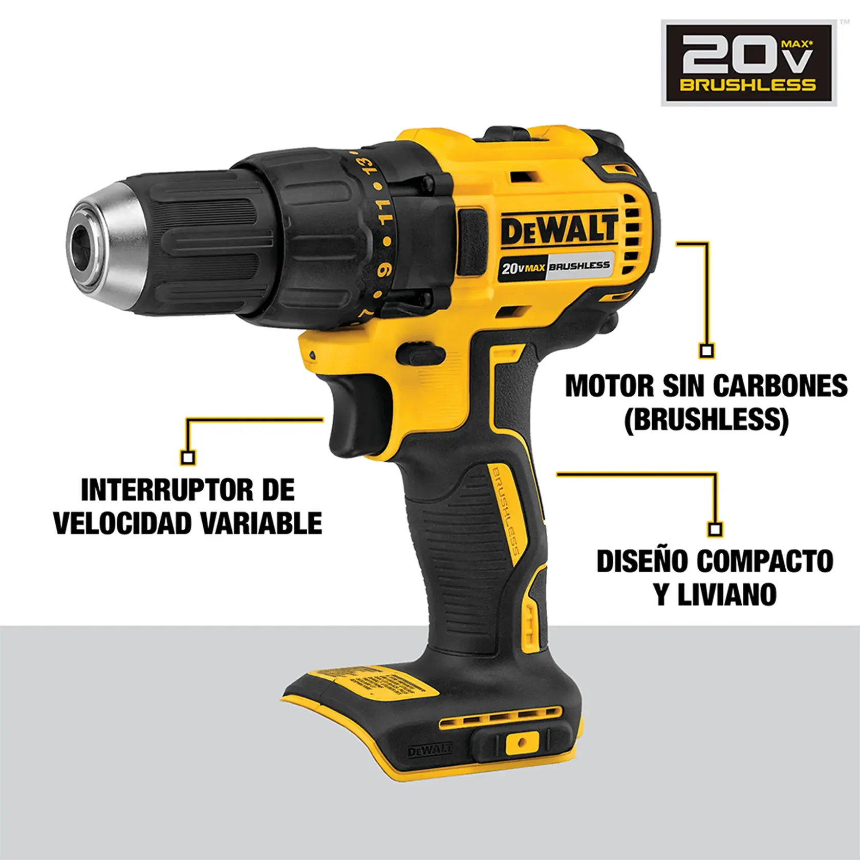 Taladro inalámbrico DEWALT 20V MAX sin carbones, color amarillo y negro. Se destacan el interruptor de velocidad variable, el motor sin carbones y el diseño compacto y liviano. Se observa la marca DEWALT y el logotipo de 20V brushless.