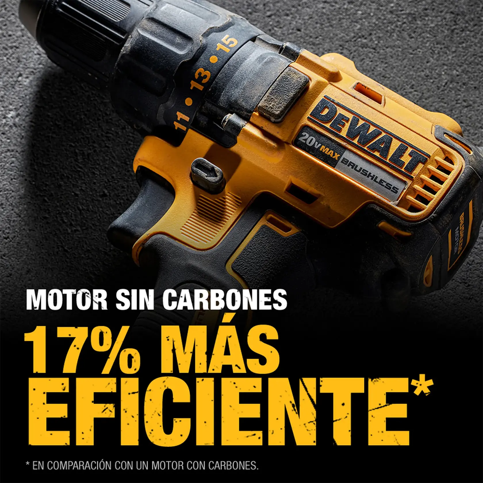 Primer plano de un taladro DEWALT 20V MAX Brushless sobre una superficie oscura y texturizada. El texto en español destaca el motor sin carbones del producto, afirmando que es '17% más eficiente' en comparación con un motor con carbones.