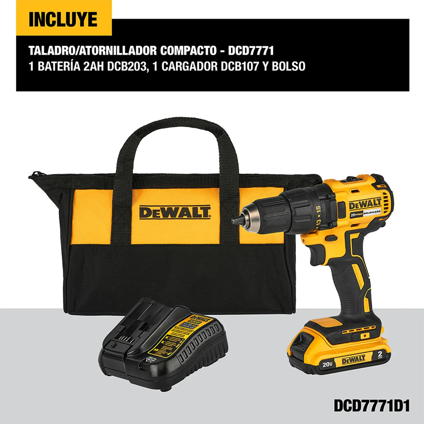 Kit de taladro/atornillador compacto DEWALT DCD7771D1, incluye un taladro amarillo y negro DEWALT, una batería, un cargador y una bolsa de transporte con el logotipo DEWALT. Los componentes se muestran sobre un fondo gris y los detalles del producto están escritos arriba.