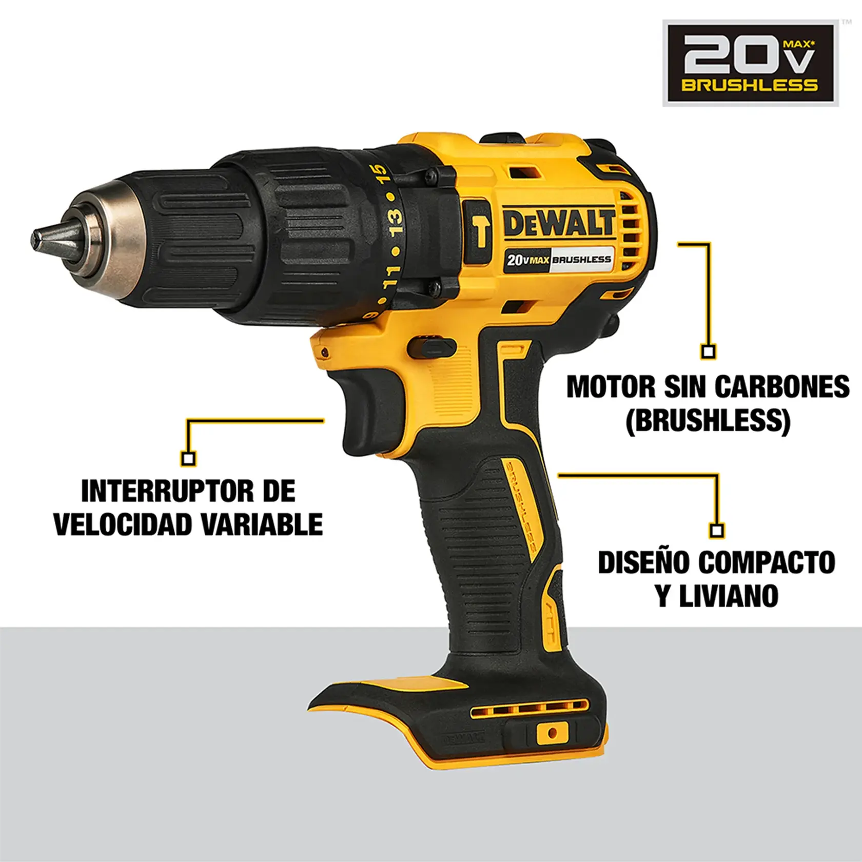 Imagen de un taladro inalámbrico DEWALT 20V Max Brushless de color amarillo y negro. Se resaltan características como el interruptor de velocidad variable, motor sin carbones y un diseño compacto y liviano. El taladro está de pie sin batería instalada.