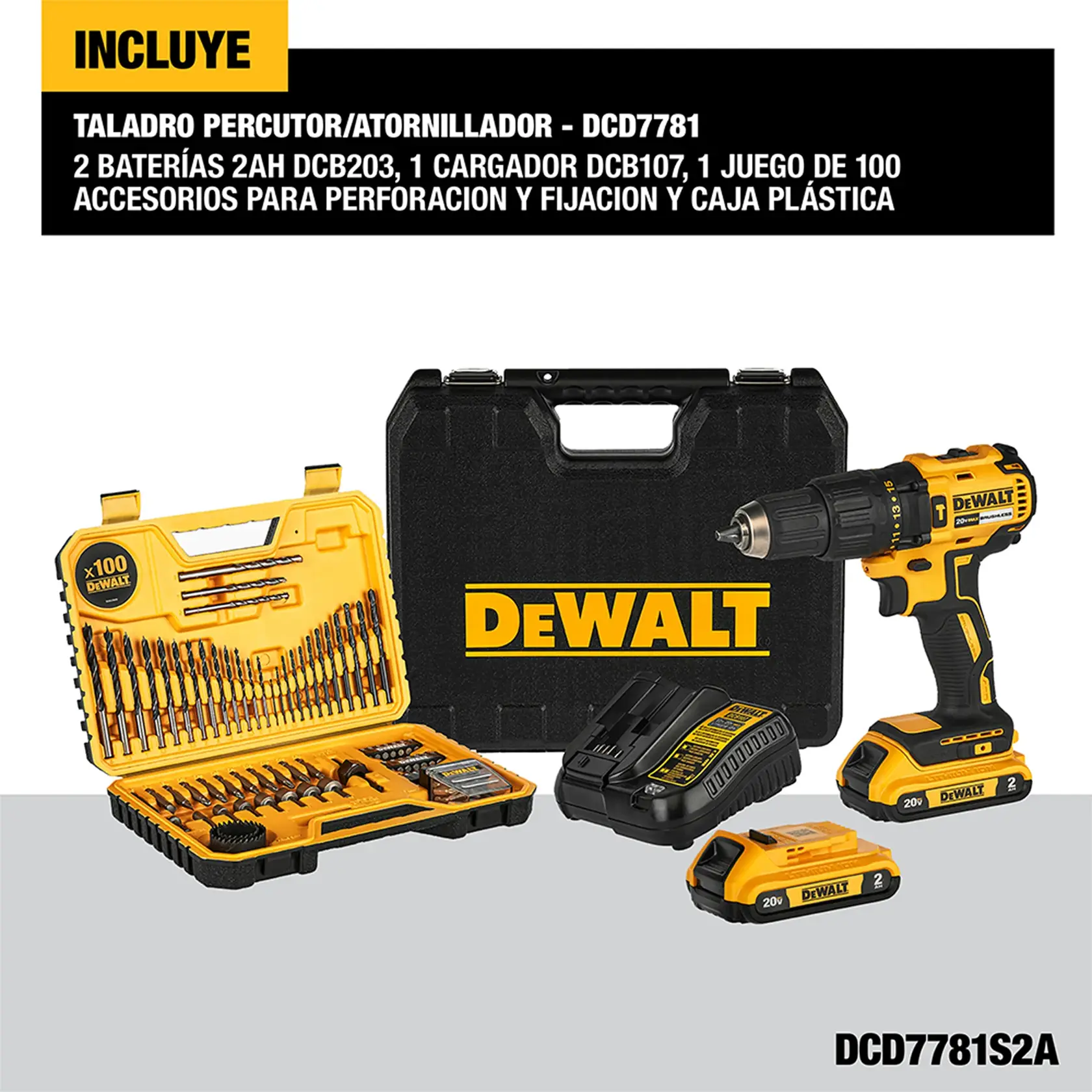 Kit de taladro percutor/atornillador DEWALT DCD7781S2A que incluye un taladro inalámbrico, dos baterías recargables, un cargador, una caja de transporte de plástico rígido y un estuche amarillo con un juego de 100 accesorios para perforación y fijación.