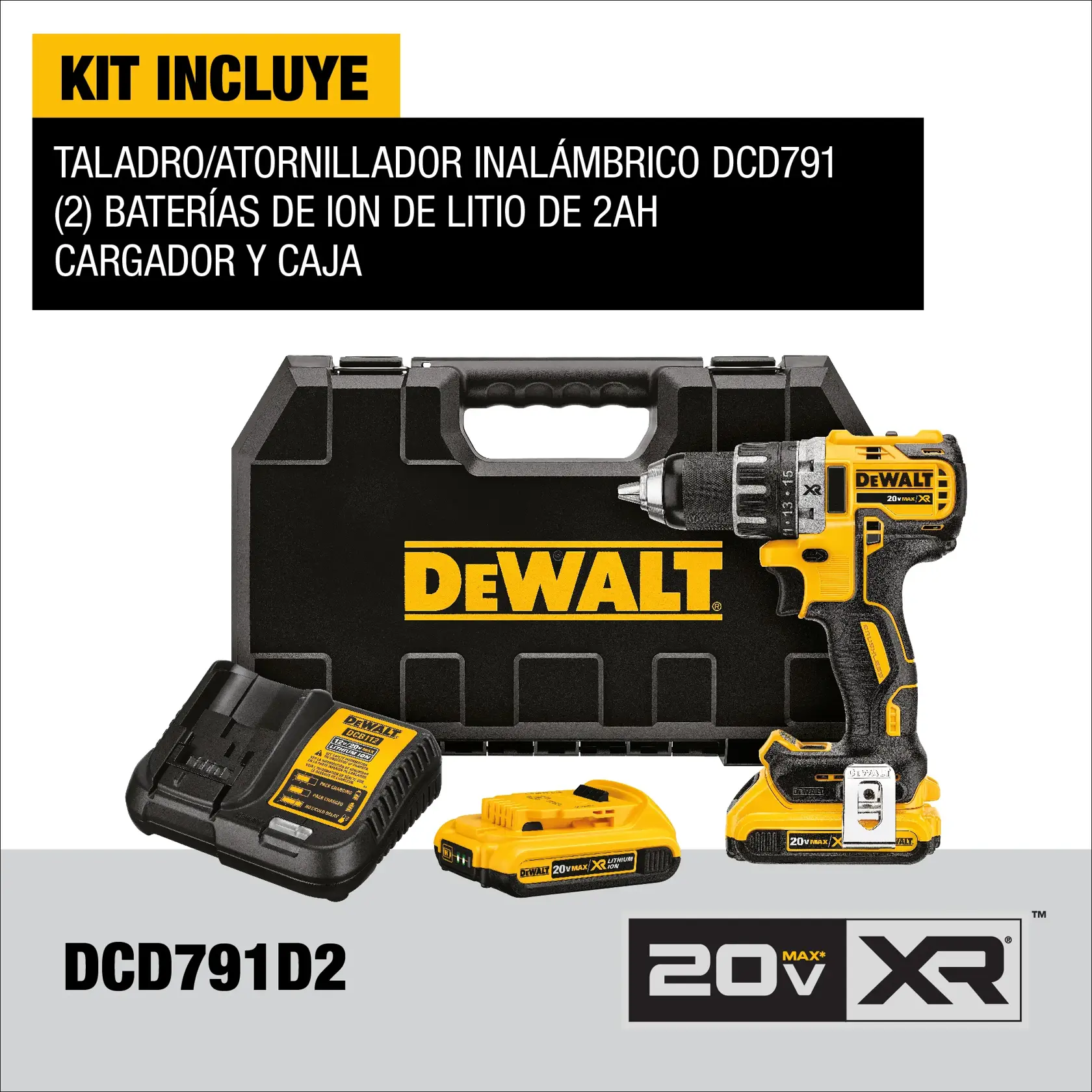 Imagen que muestra un kit de taladro/atornillador inalámbrico DEWALT DCD791D2, que incluye el taladro/atornillador, dos baterías de ion de litio de 2Ah, un cargador y una caja de transporte, todos con la marca DEWALT. También muestra el logotipo 20V Max XR.