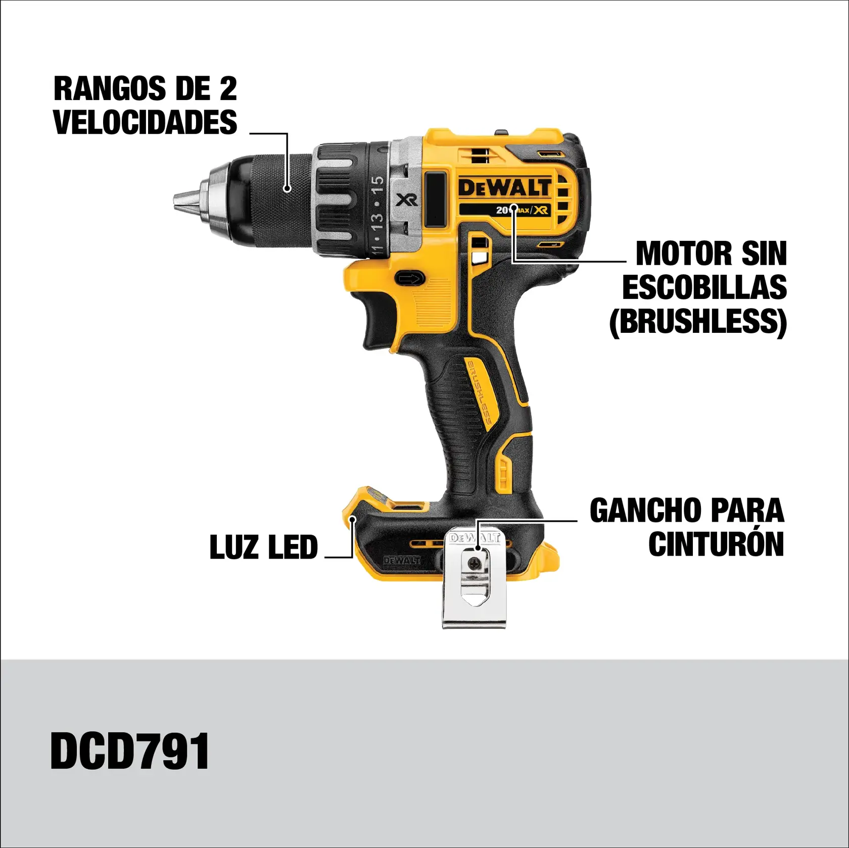 Imagen de un taladro inalámbrico DEWALT DCD791 con características resaltadas: rangos de dos velocidades, motor sin escobillas, luz LED y gancho para cinturón. El taladro es amarillo y negro con marcas visibles de la marca.