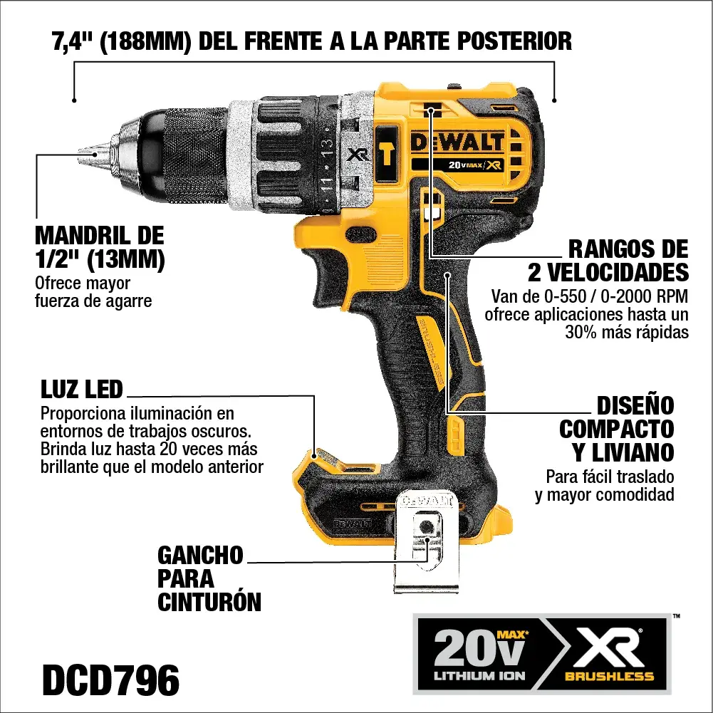 Imagen de un taladro inalámbrico DEWALT DCD796. El taladro es amarillo y negro, cuenta con un mandril de 1/2 pulgada (13mm) para mayor fuerza de agarre, luz LED para trabajos en entornos oscuros, gancho para cinturón, diseño compacto y liviano para fácil traslado y comodidad, y rangos de dos velocidades (0-550 / 0-2000 RPM) para aplicaciones más rápidas. El taladro usa un motor de 20V MAX XR Lithium Ion sin escobillas.