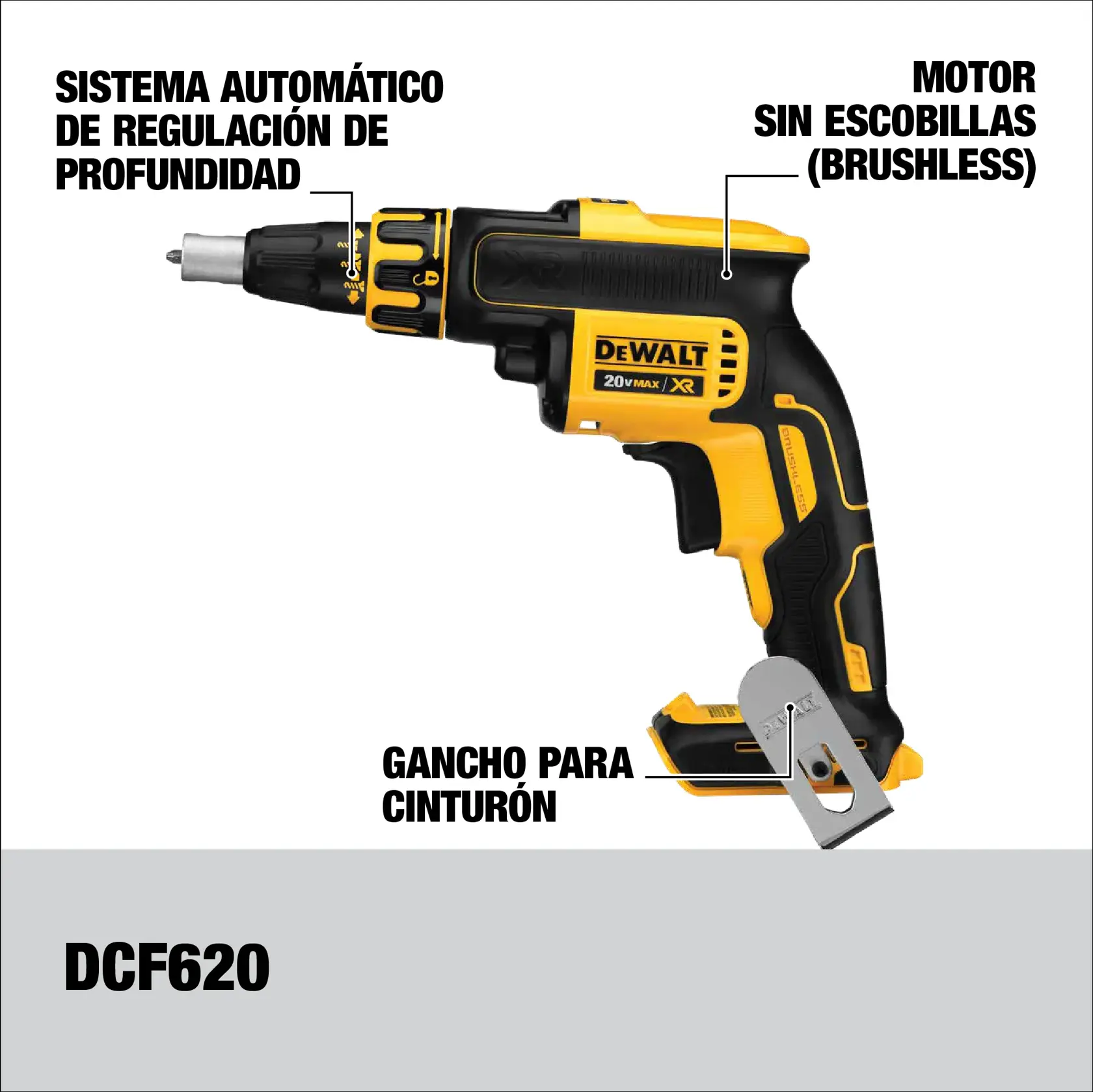 Atornillador DEWALT DCF620 con regulación de profundidad, motor sin escobillas y gancho para cinturón.