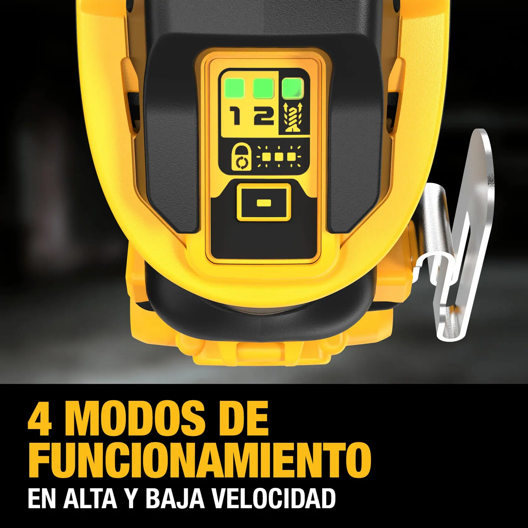Panel digital DEWALT DCF630 mostrando 4 modos de funcionamiento para alta y baja velocidad.