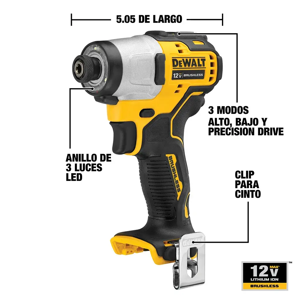 Atornillador de impacto inalámbrico DEWALT DCF801B de 12V con cuerpo negro y amarillo. Se destacan características como longitud de 5.05 pulgadas, anillo de 3 luces LED, tres modos (alto, bajo y Precision Drive) y clip para cinturón. La imagen también muestra un ícono que indica '12V Lithium Ion Brushless'.