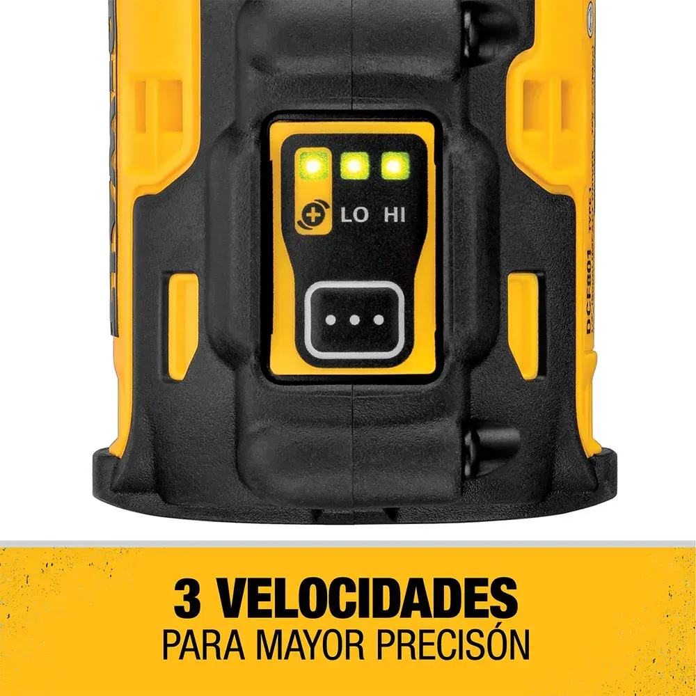 Primer plano del panel de control de velocidad de una herramienta eléctrica DEWALT con tres indicadores LED para diferentes configuraciones de velocidad, con una etiqueta amarilla debajo que dice '3 velocidades para mayor precisión.'