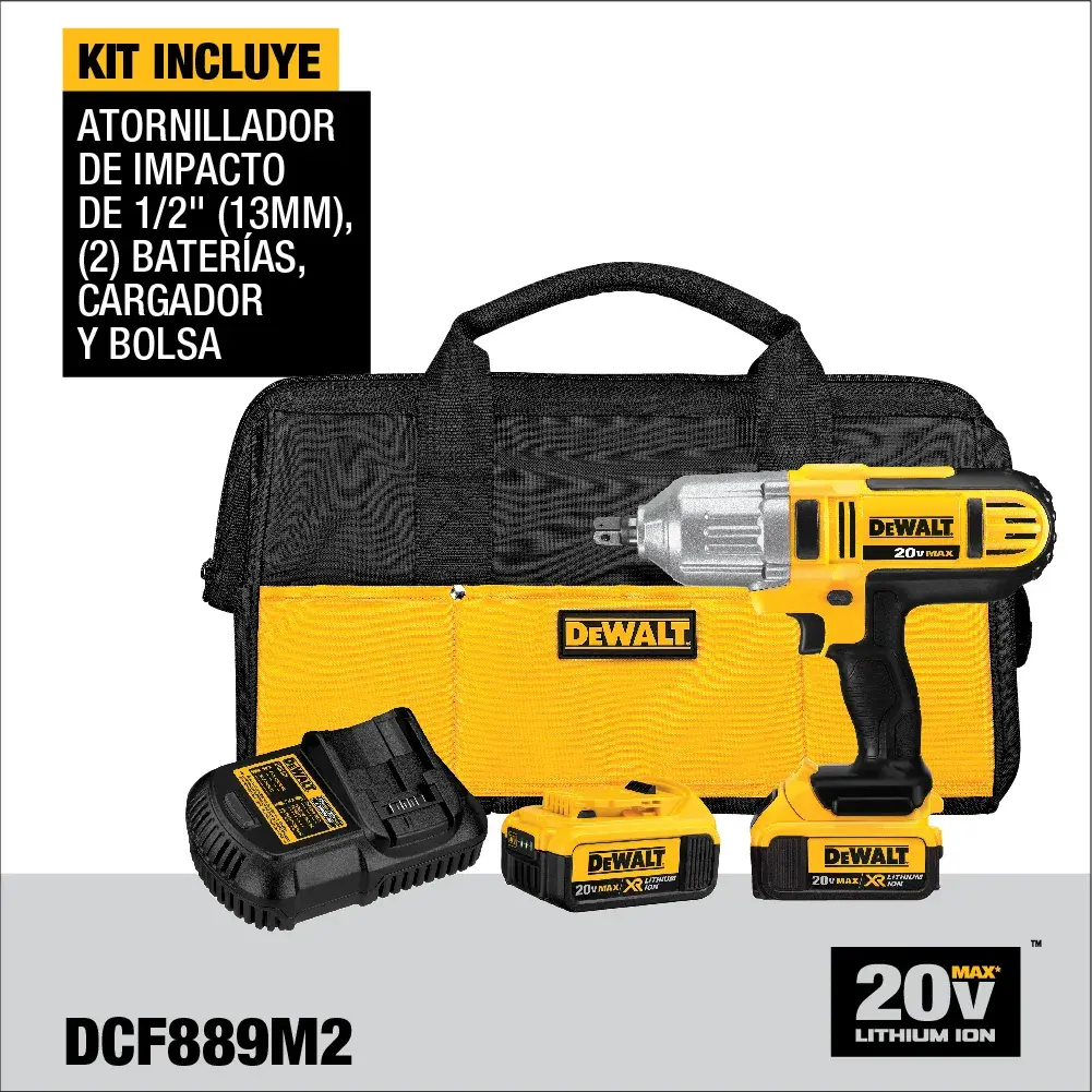 Kit de atornillador de impacto DEWALT DCF889M2 que incluye un atornillador de impacto de 1/2 pulgada (13mm), dos baterías, cargador y bolsa de transporte. El kit funciona con una batería de 20V de ion de litio.