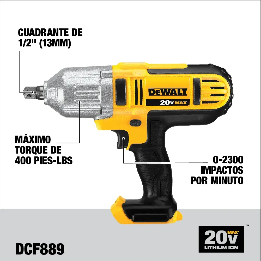 Imagen de una llave de impacto DEWALT 20V Max de ion de litio modelo DCF889M2. La herramienta es amarilla y negra y muestra especificaciones en español: cuadrante de 1/2 pulgada (13mm), torque máximo de 400 pies-libras y 0-2300 impactos por minuto.