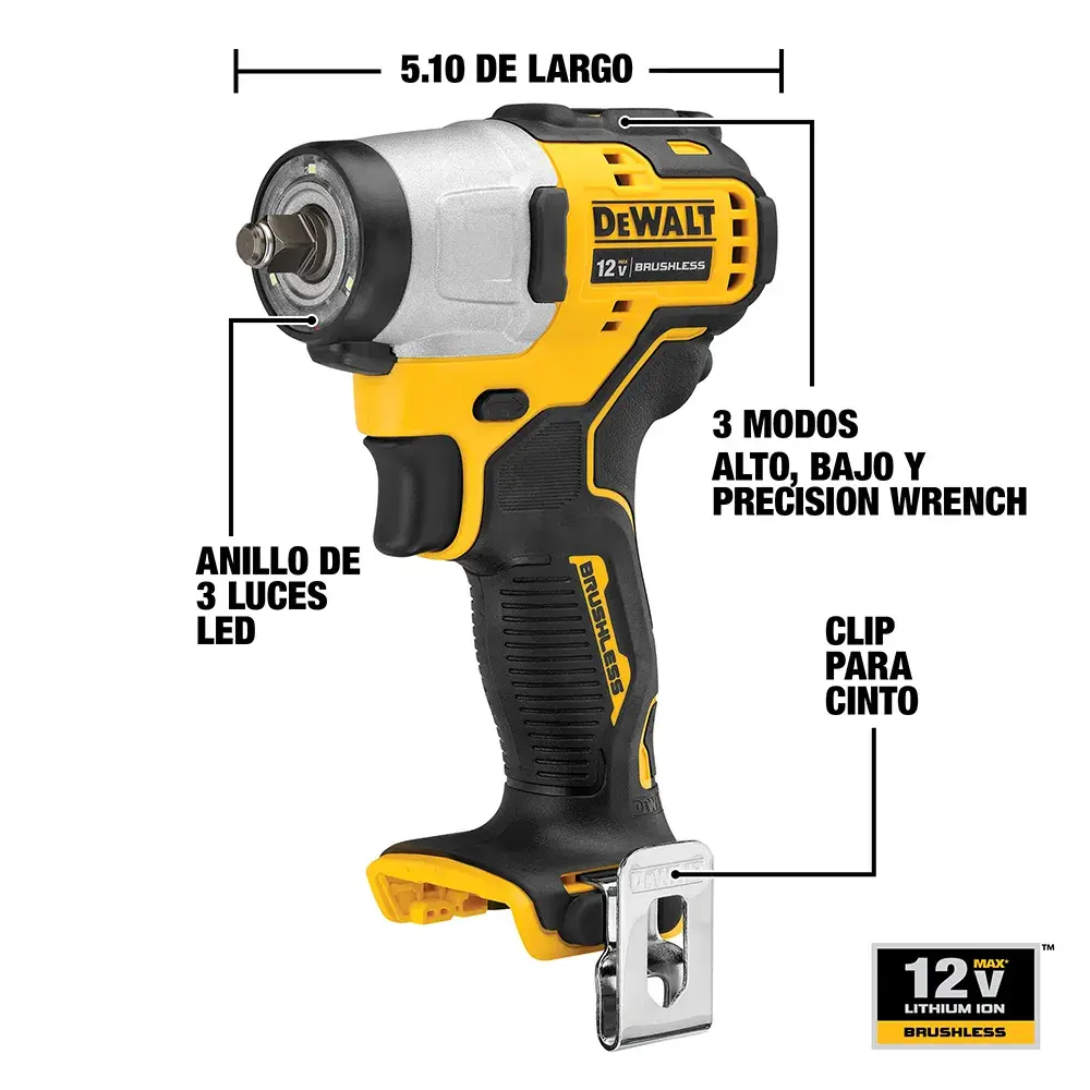 Se muestra una llave de impacto inalámbrica DEWALT de 12V, modelo DCF902B. Las características clave están etiquetadas: longitud de 5.10 pulgadas, anillo de 3 luces LED, 3 modos (alto, bajo y precisión), y clip para cinto. El producto es mayormente amarillo y negro con la parte frontal plateada.