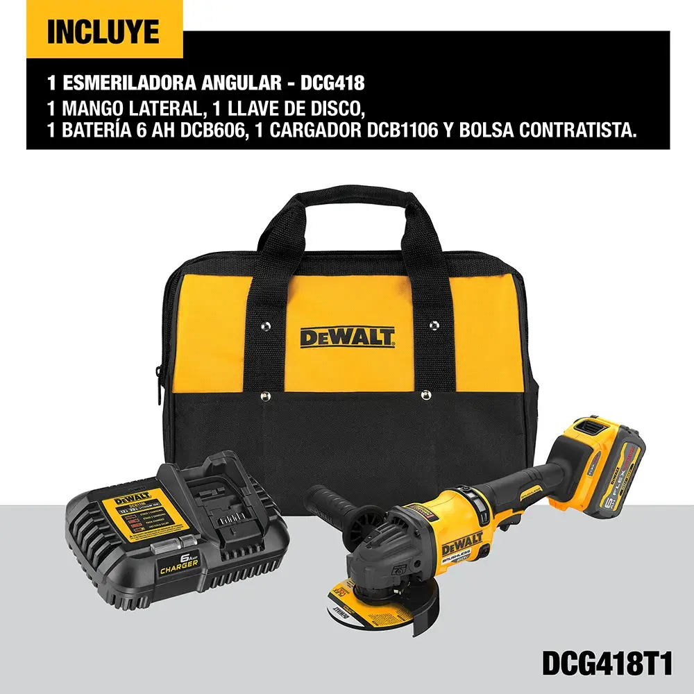 Kit DEWALT DCG418T1 que incluye una esmeriladora angular, mango lateral, llave de disco, batería de 6 Ah (DCB606), cargador (DCB1106) y bolsa contratista. Todos los artículos llevan el logo DEWALT y están mostrados sobre un fondo gris claro.