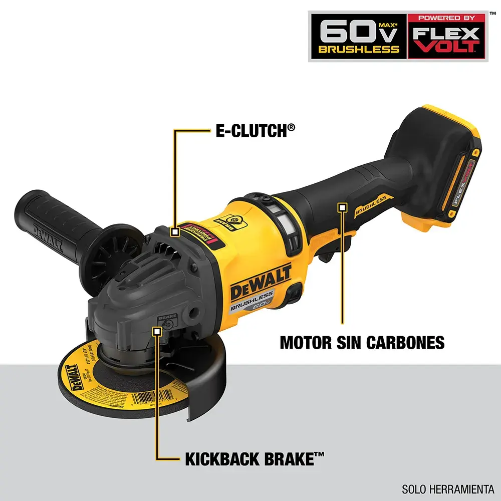 Esmeriladora angular inalámbrica DEWALT DCG418T1, en negro y amarillo, con motor sin carbones FLEXVOLT 60V MAX. Las etiquetas señalan las funciones E-Clutch, motor sin carbones y Kickback Brake. La imagen muestra solo la herramienta sin accesorios.