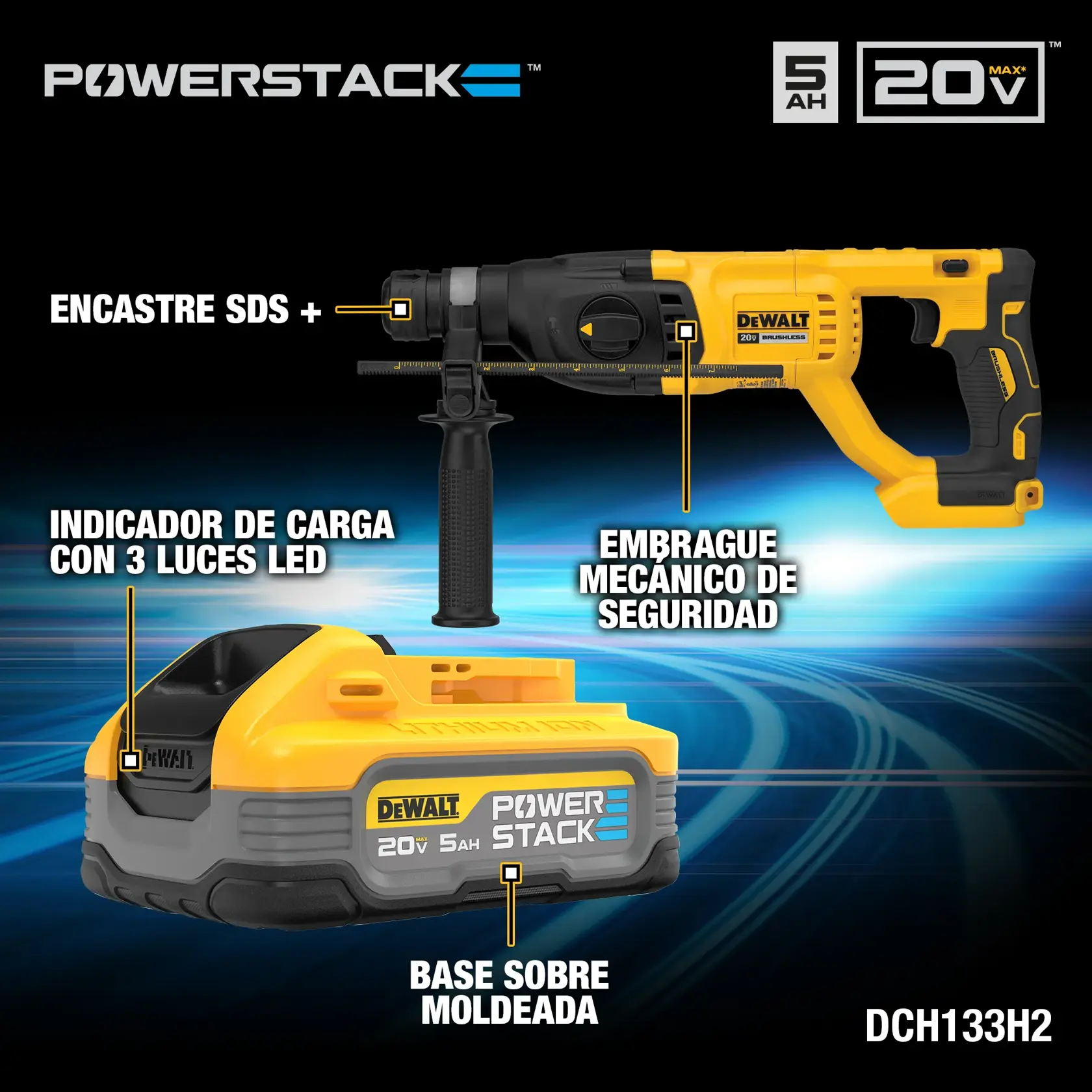 Martillo rotativo DEWALT PowerStack SDS+ y batería, con características destacadas y modelo DCH133H2.