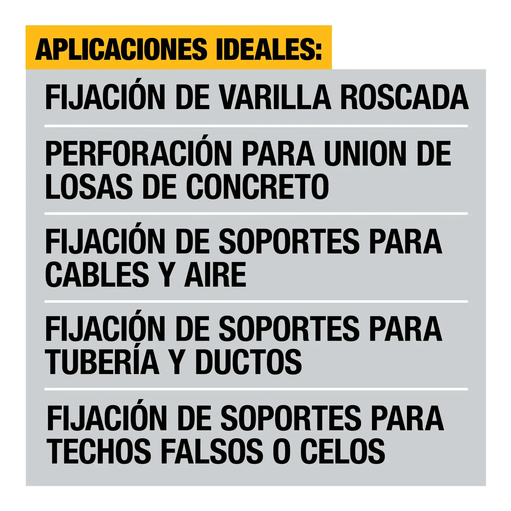 Gráfico con el título 'Aplicaciones ideales'. Enumera cinco aplicaciones: fijación de varilla roscada, perforación para unión de losas de concreto, fijación de soportes para cables y aire, fijación de soportes para tubería y ductos, y fijación de soportes para techos falsos o celos.