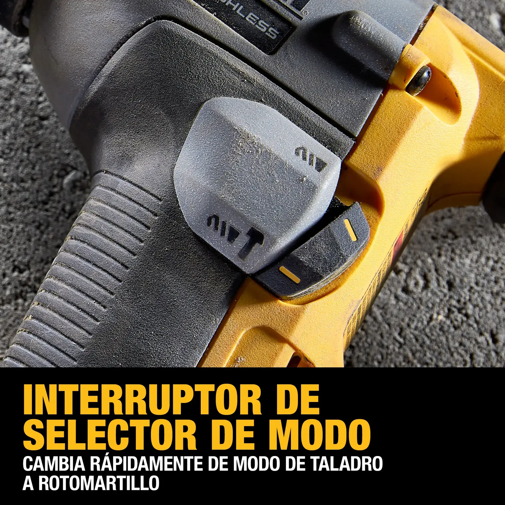 Primer plano de un rotomartillo DEWALT mostrando el interruptor de selector de modo, utilizado para cambiar rápidamente entre modos de taladro y rotomartillo. El texto en la imagen destaca la función de cambio rápido de modo.