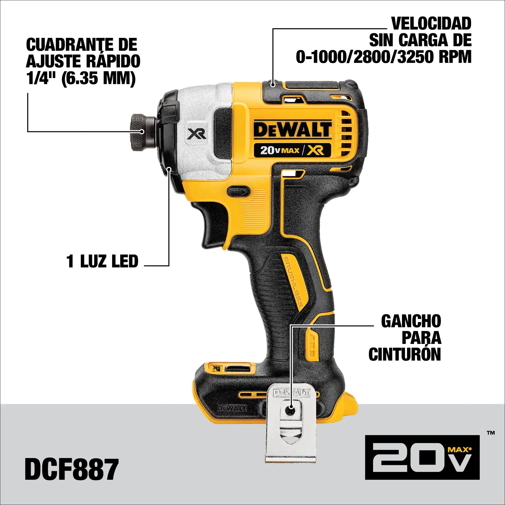 Imagen de un destornillador de impacto DEWALT 20V MAX XR modelo DCF887. Se etiquetan características como cuadrante de ajuste rápido de 1/4" (6.35 mm), 1 luz LED, gancho para cinturón y velocidad sin carga de 0-1000/2800/3250 RPM. La herramienta es negra y amarilla.
