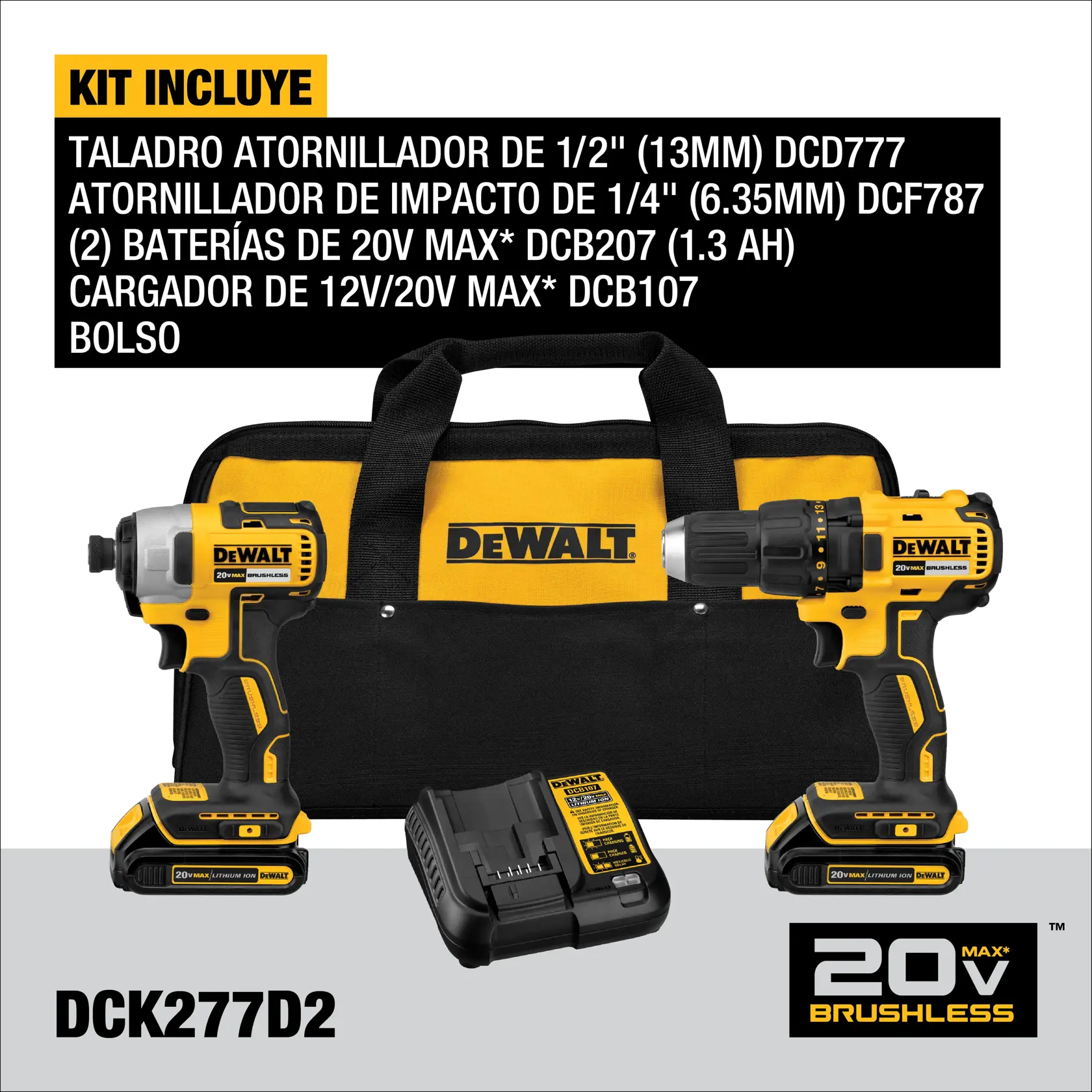 Imagen del producto DEWALT 20V MAX Brushless Kit combinado DCK277D2 mostrando un taladro atornillador de 1/2 pulgada (DCD777), un atornillador de impacto de 1/4 de pulgada (DCF787), dos baterías 20V MAX, un cargador y una bolsa de transporte. Las herramientas y la bolsa son amarillas y negras con la marca DEWALT.