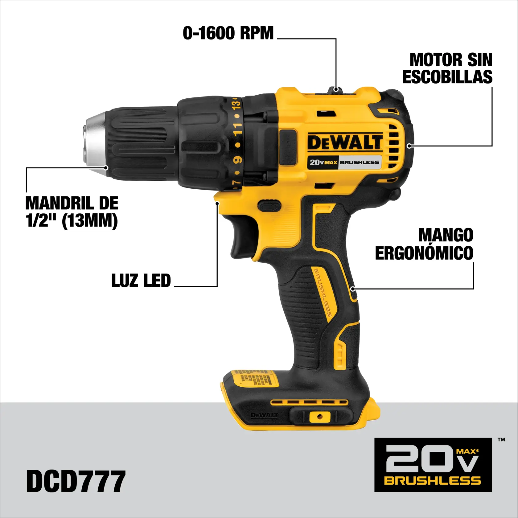 Imagen de un taladro inalámbrico DEWALT 20V Max sin escobillas, modelo DCD777, con características destacadas como 0-1600 RPM, motor sin escobillas, mango ergonómico, luz LED y mandril de 1/2 pulgada (13mm).
