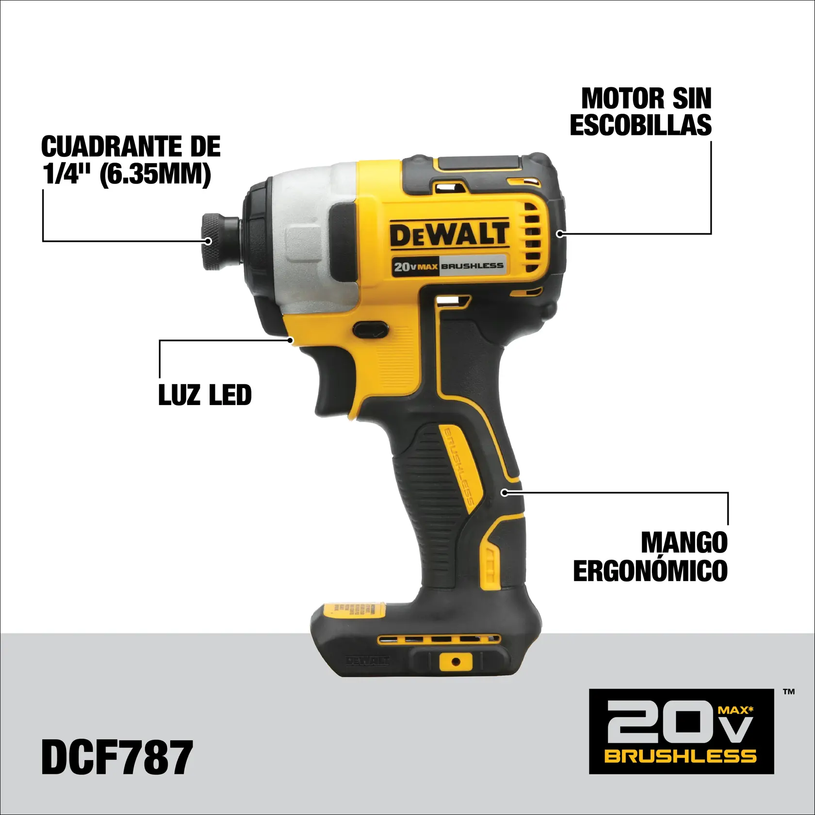 Imagen de un destornillador de impacto DEWALT 20V MAX Brushless, modelo DCF787. La herramienta es amarilla y negra con etiquetas que resaltan sus principales características: cuadrante de 1/4 pulgadas (6.35mm), luz LED, mango ergonómico y motor sin escobillas.