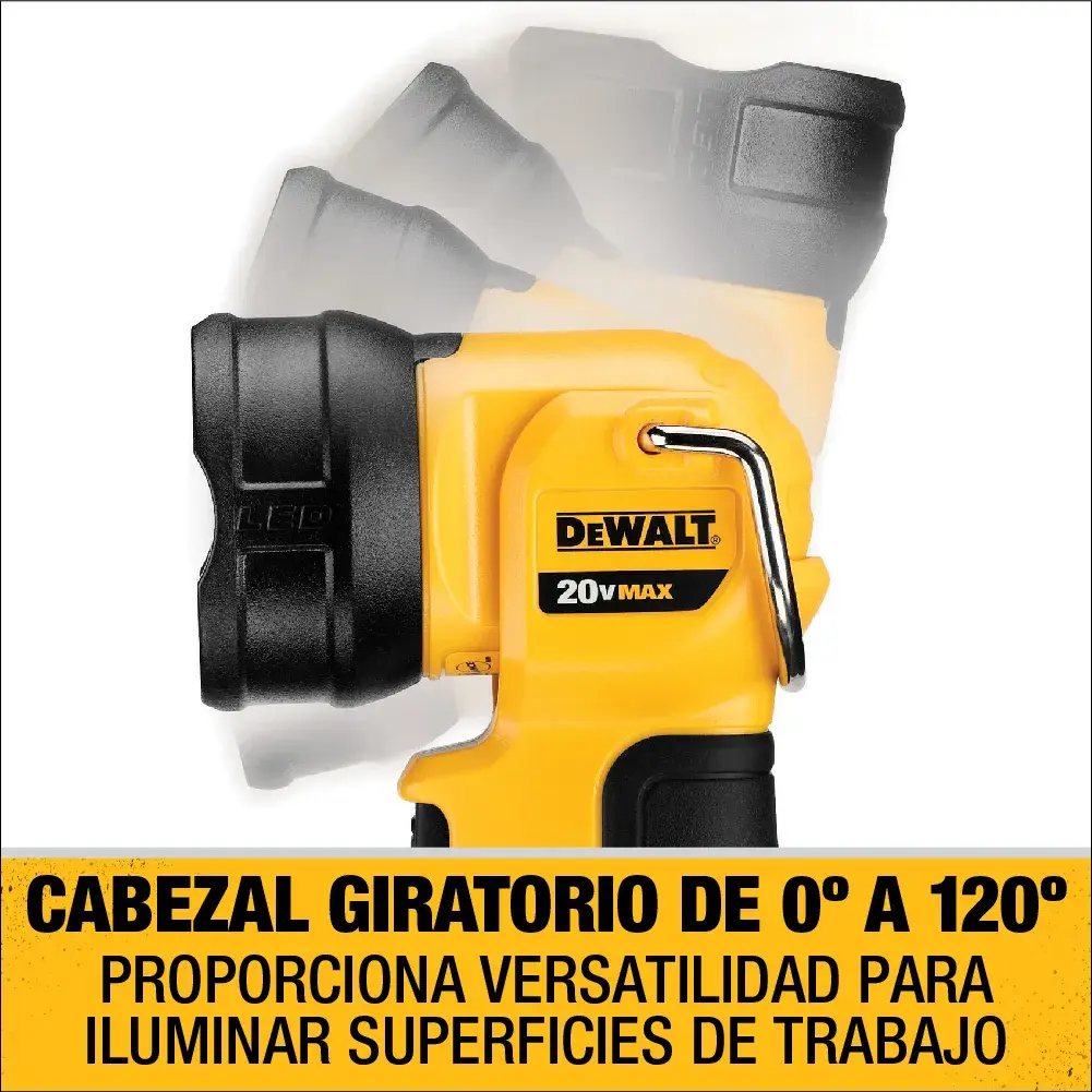 Una luz de trabajo DEWALT 20V MAX con un cabezal giratorio de 0° a 120°, mostrada con el movimiento de rotación resaltado. La imagen incluye texto que indica que el cabezal giratorio proporciona versatilidad para iluminar superficies de trabajo.