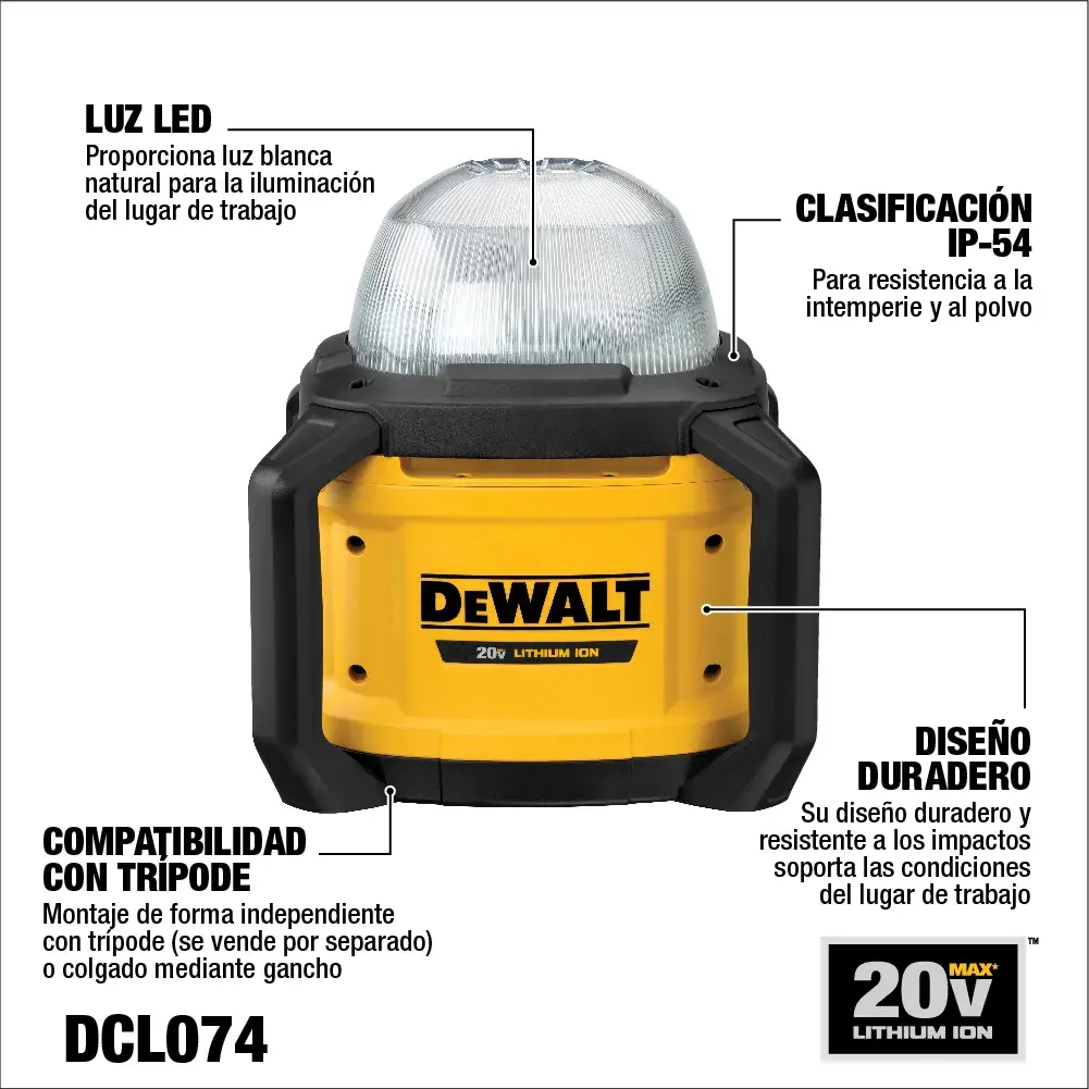 Imagen de una lámpara de trabajo LED industrial DEWALT DCL074. La lámpara es de color amarillo y negro, tiene un diseño duradero, clasificación IP-54 para resistencia al polvo y agua, compatibilidad con trípode y proporciona iluminación LED blanca natural en entornos de trabajo. Funciona con batería de ion-litio de 20V.