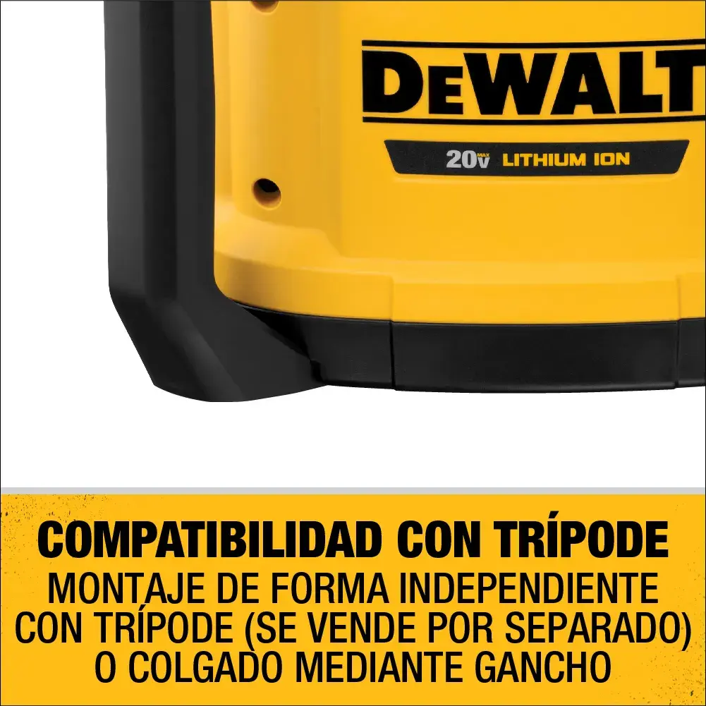 Vista parcial de un dispositivo DEWALT de 20V ion de litio con carcasa amarilla y negra. El texto debajo resalta la compatibilidad con trípode y menciona opciones de montaje, incluyendo trípode (se vende por separado) o colgado mediante gancho.