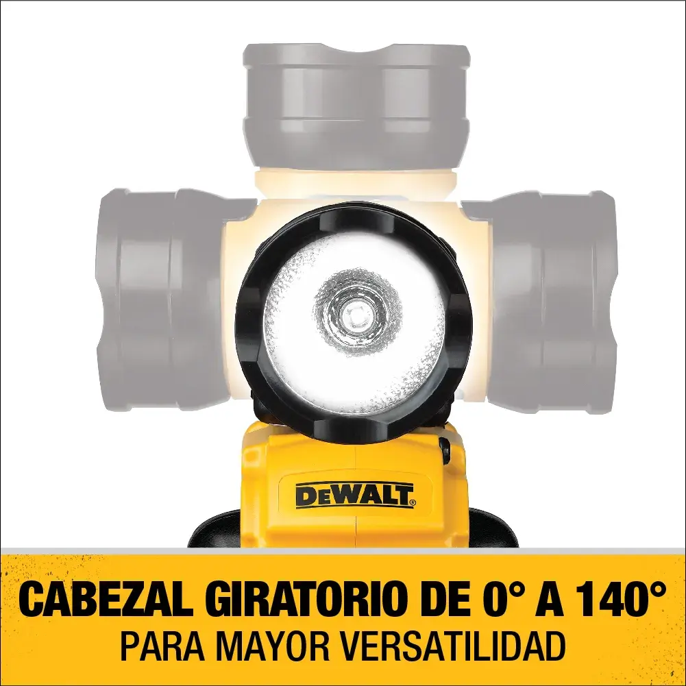 Luz de trabajo portátil DEWALT con cabezal ajustable que se muestra girando de 0 a 140 grados. El texto en la imagen resalta la característica de cabezal giratorio para mayor versatilidad.
