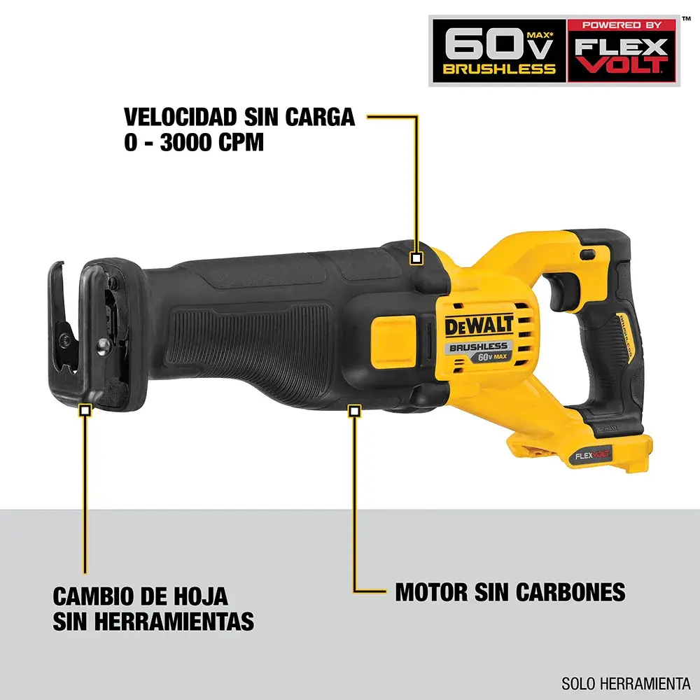 Imagen de una sierra recíproca DEWALT DCS389B 60V sin escobillas. Las características resaltadas incluyen velocidad sin carga de 0-3000 CPM, cambio de hoja sin herramientas y motor sin carbones. Se muestra el logotipo FLEXVOLT. La sierra es de color amarillo y negro.
